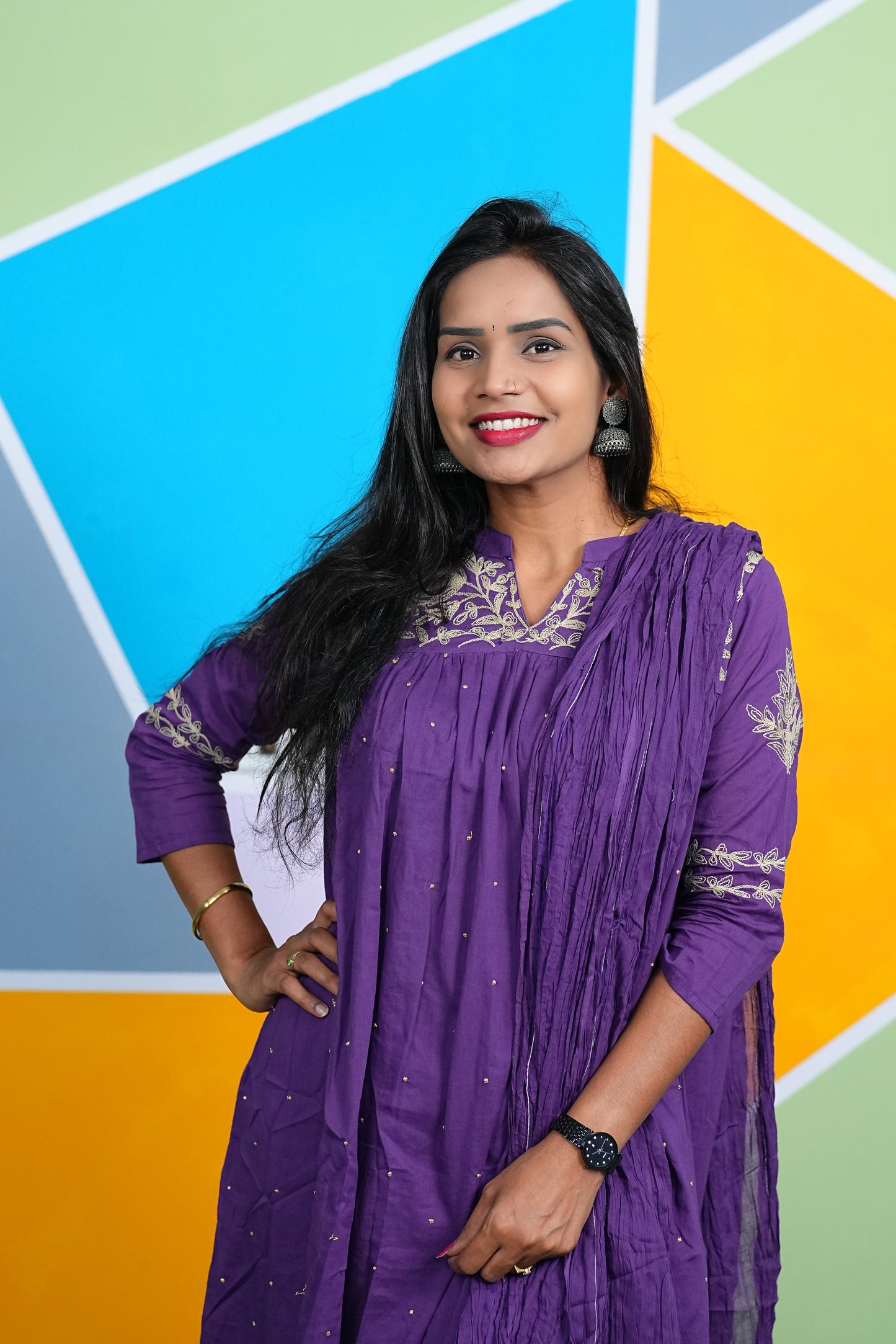 Purple Color Office Wear Cotton 3 Piece Set With Complete Lining