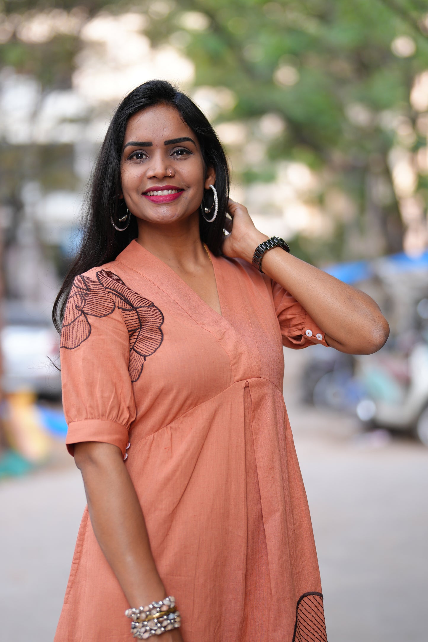Peach Orange Jaipuri Cotton Frock With Embroidery Work