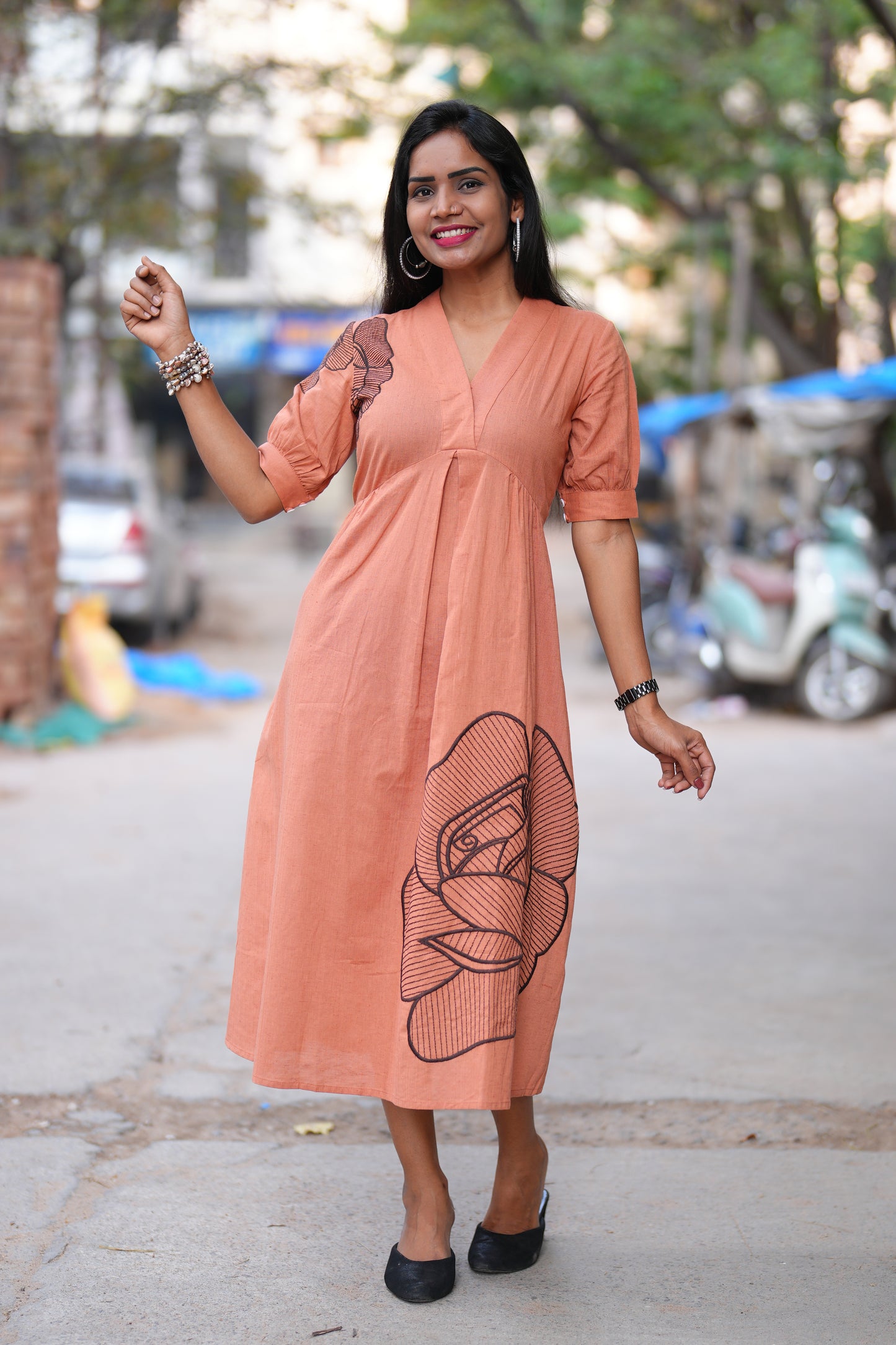 Peach Orange Jaipuri Cotton Frock With Embroidery Work