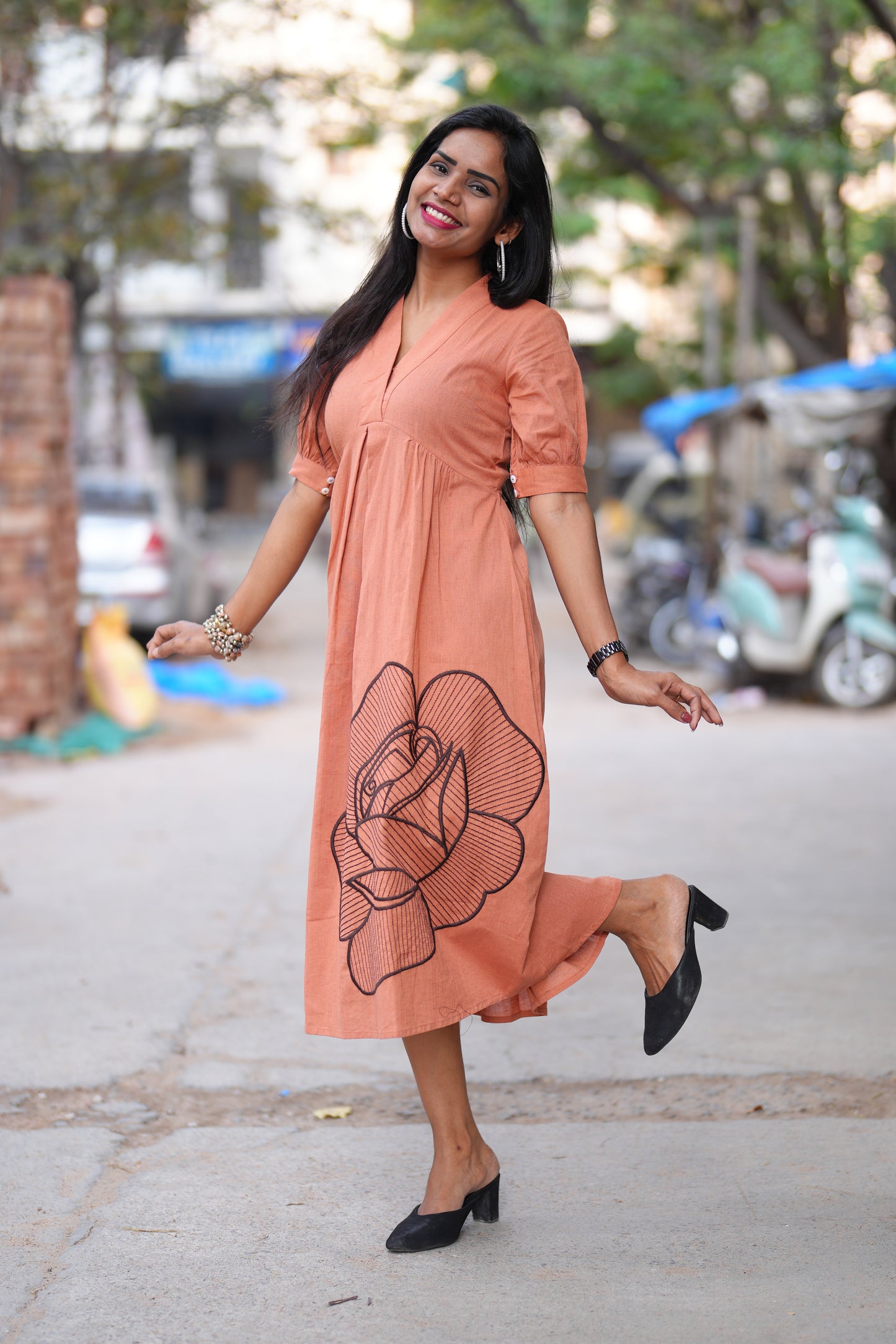 Peach Orange Jaipuri Cotton Frock With Embroidery Work