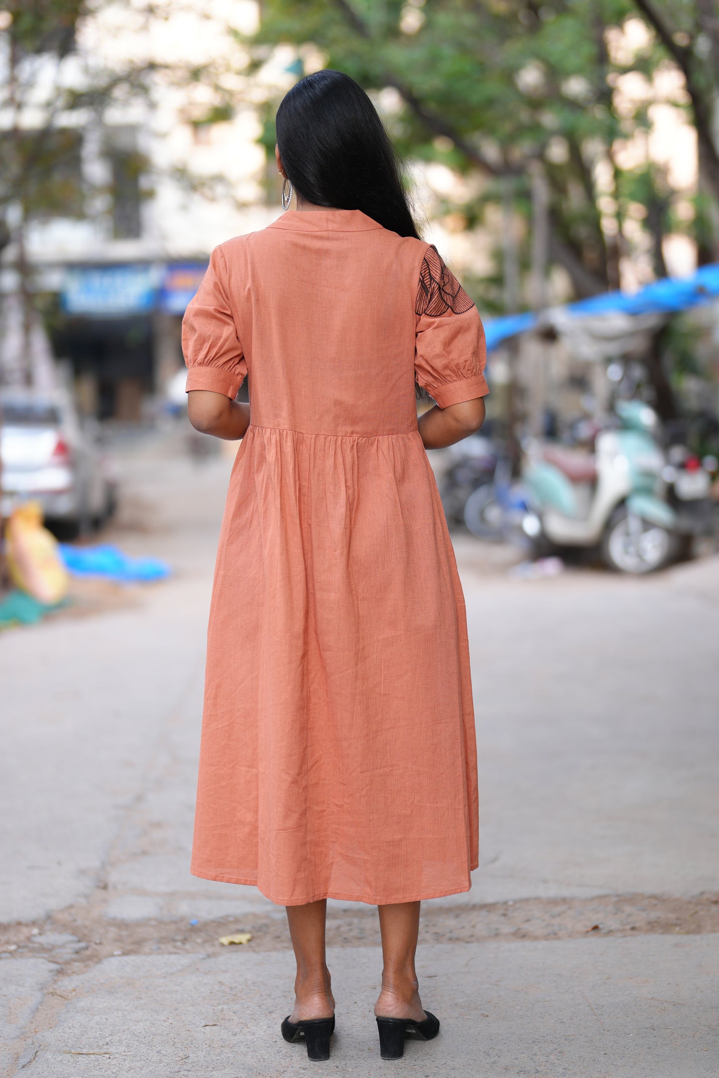 Peach Orange Jaipuri Cotton Frock With Embroidery Work