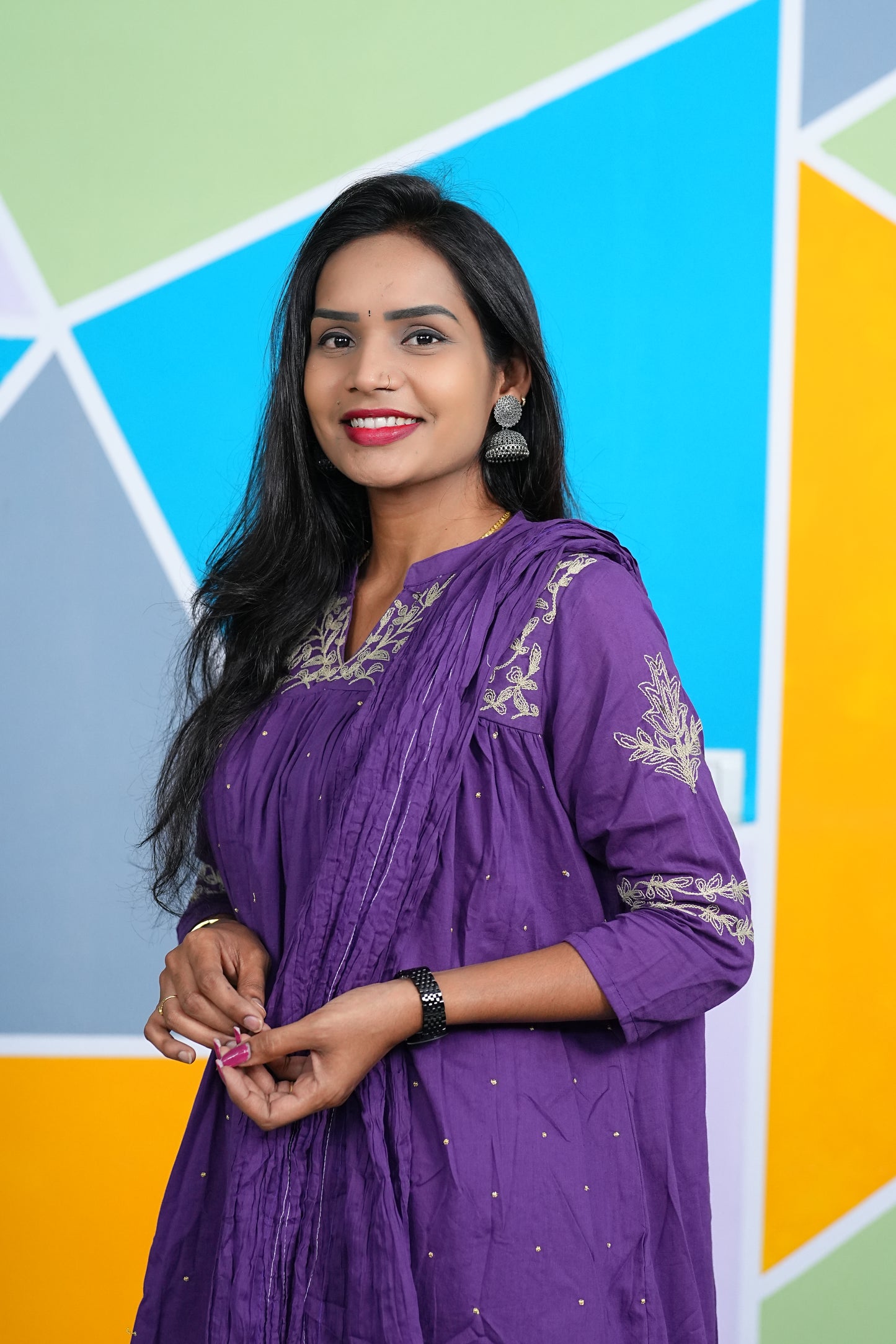 Purple Color Office Wear Cotton 3 Piece Set With Complete Lining