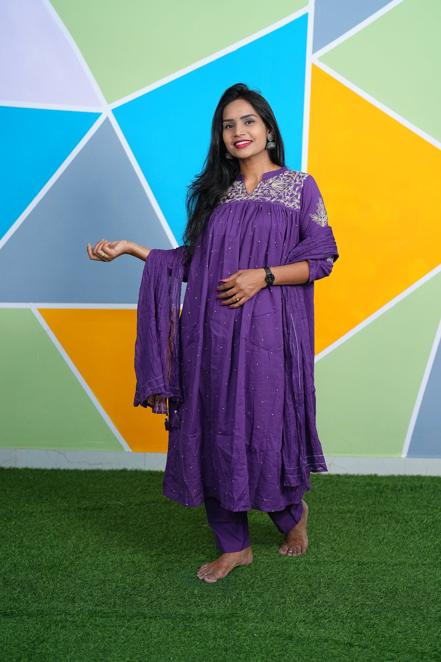 Purple Color Office Wear Cotton 3 Piece Set With Complete Lining