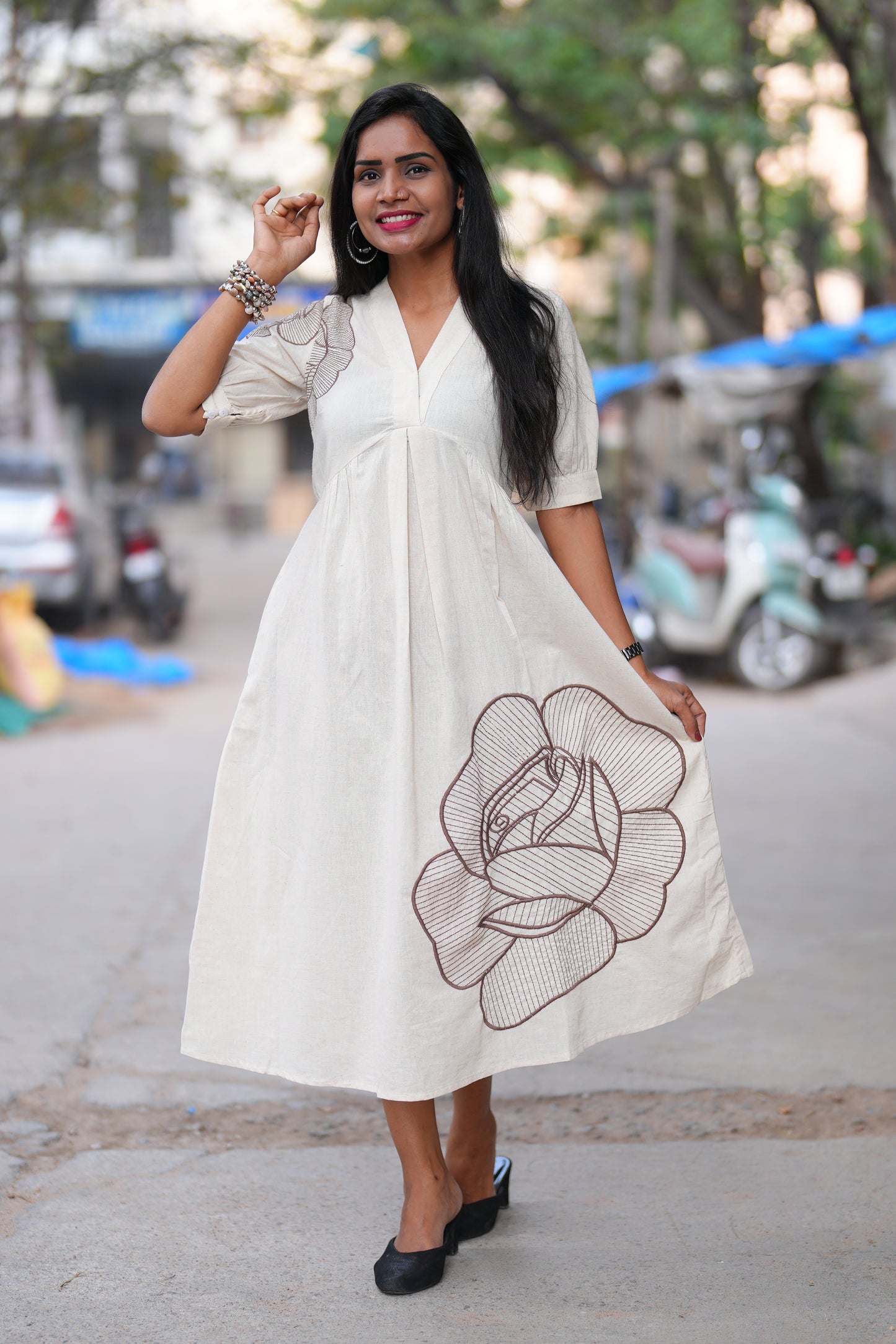 Light Beige Color Jaipuri Cotton Frock With Embroidery work