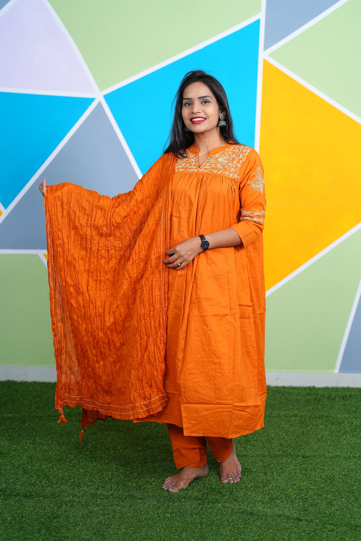 Orange Color Office Wear 3 Piece Set With Complete Lining