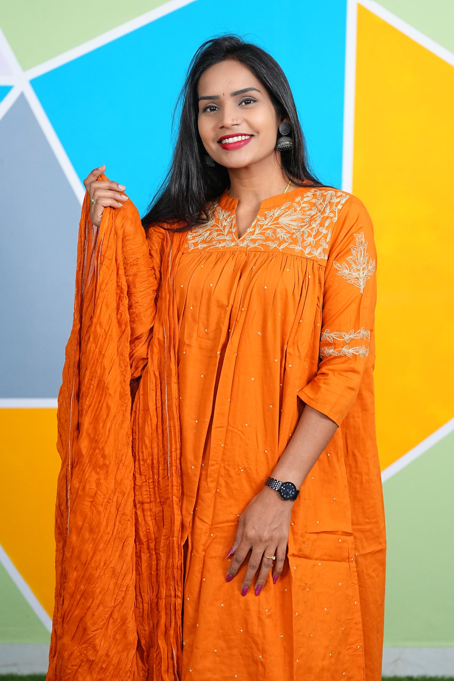 Orange Color Office Wear 3 Piece Set With Complete Lining
