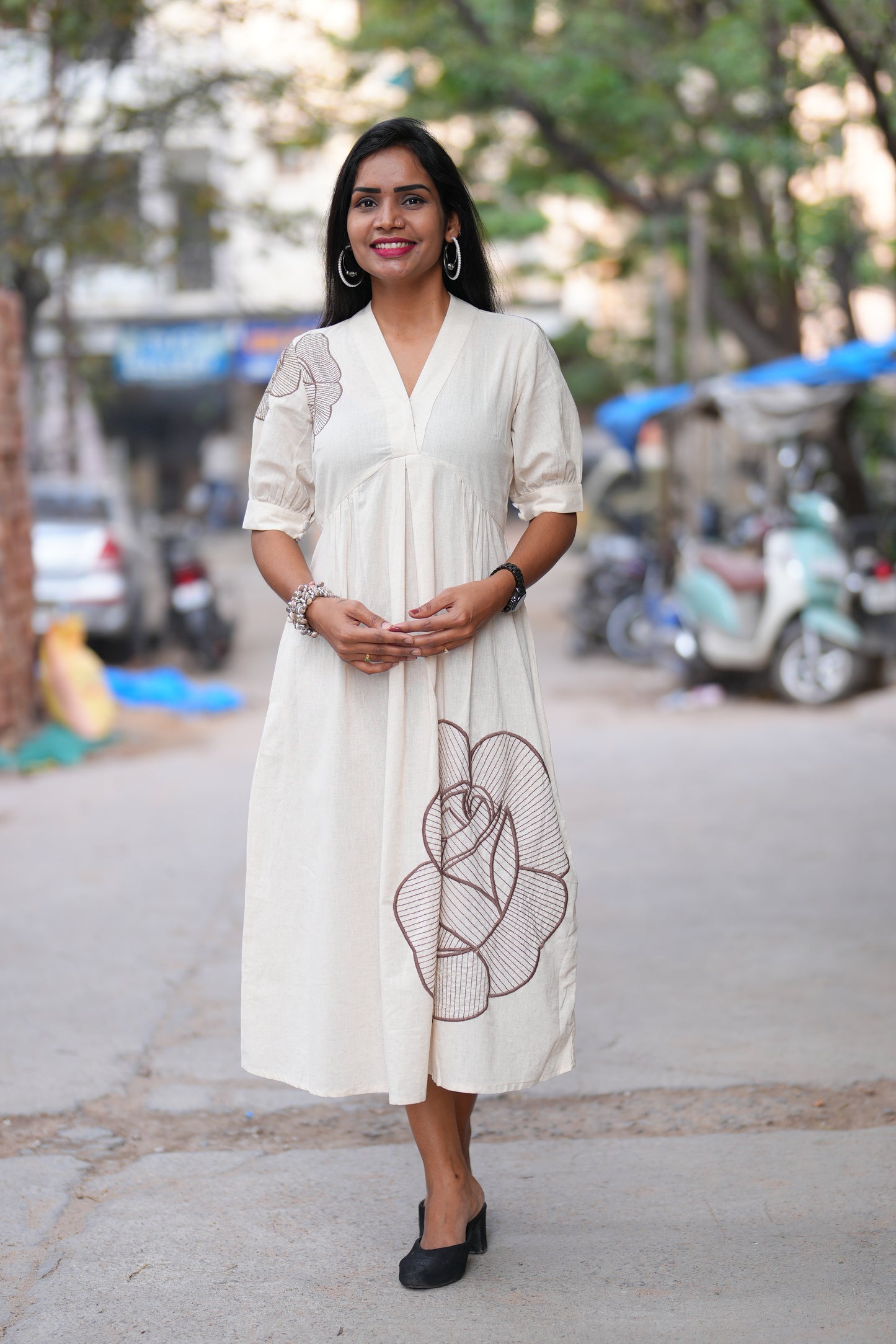 Light Beige Color Jaipuri Cotton Frock With Embroidery work