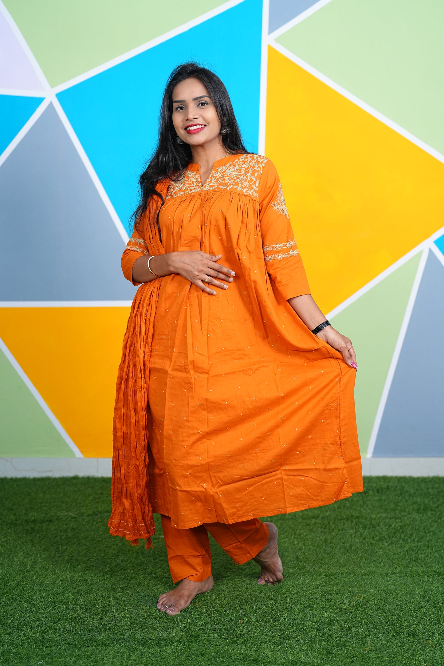 Orange Color Office Wear 3 Piece Set With Complete Lining