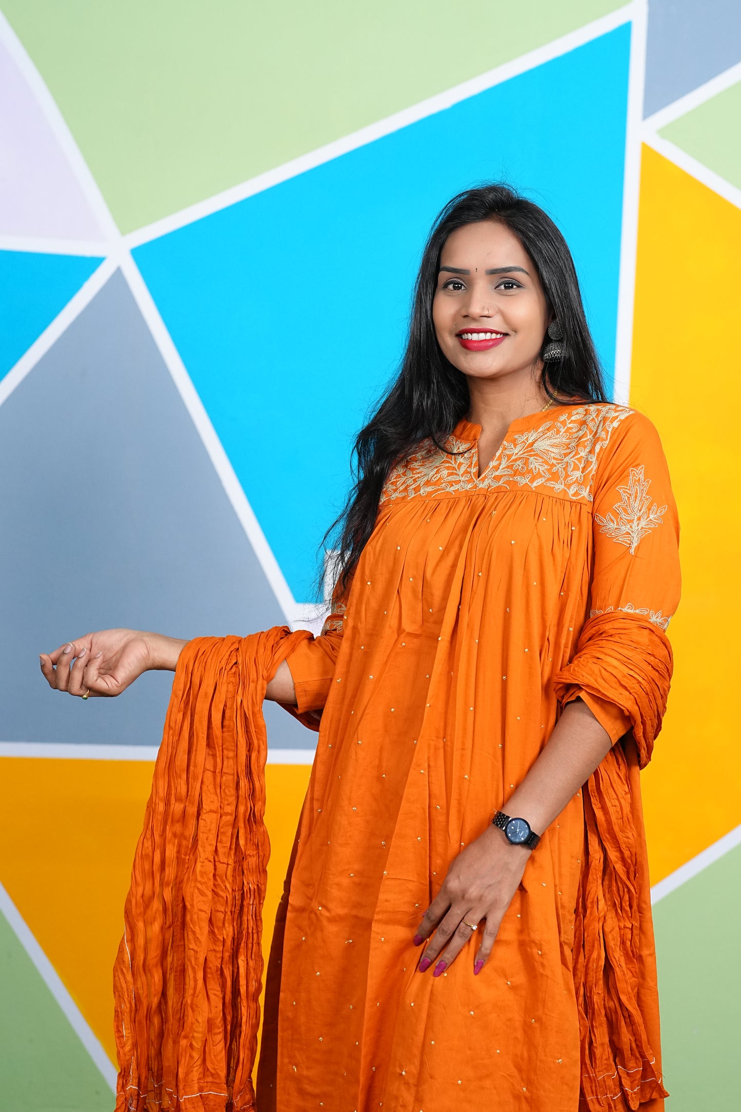Orange Color Office Wear 3 Piece Set With Complete Lining