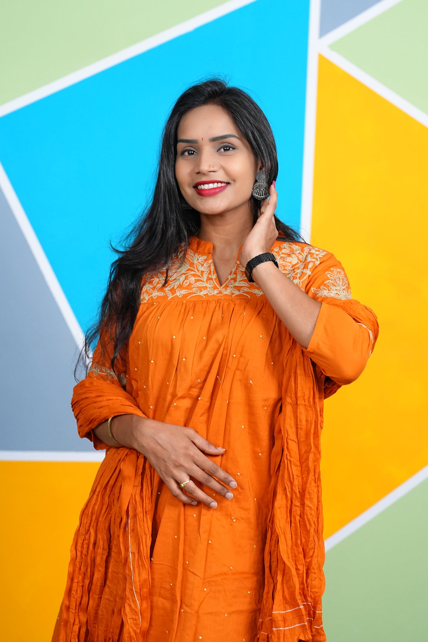 Orange Color Office Wear 3 Piece Set With Complete Lining