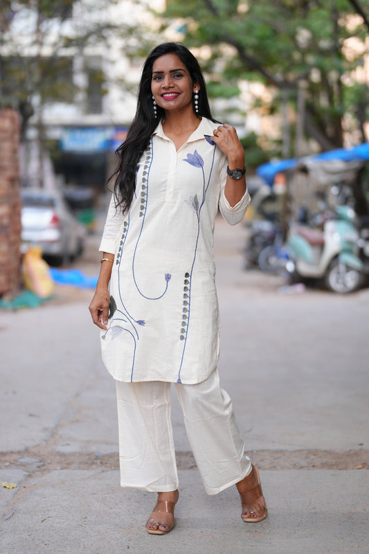White Color Jaipur Cotton Stylish Cordset With Embriodary Work