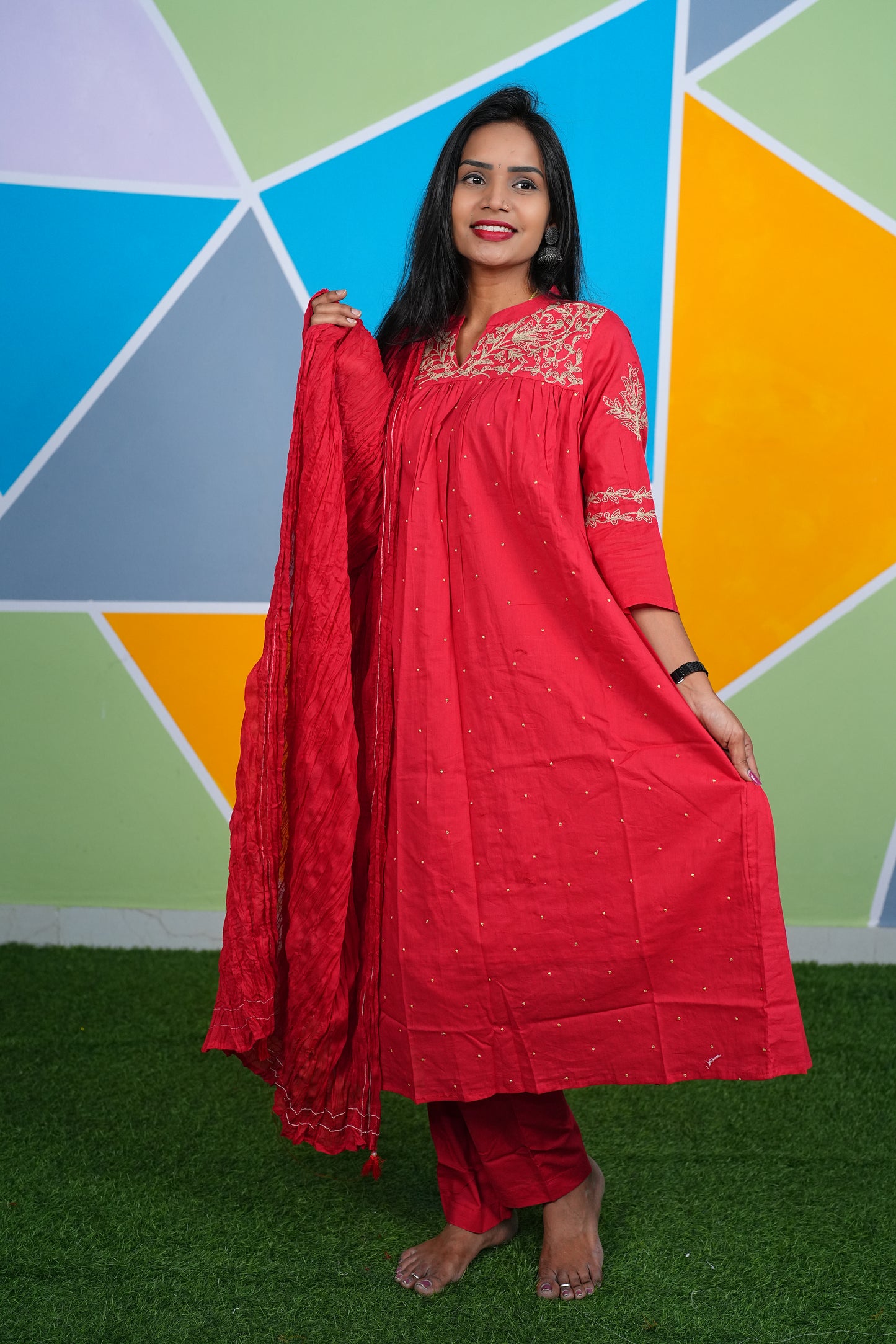 Red Color Office Wear 3 Piece Set With Complete Lining