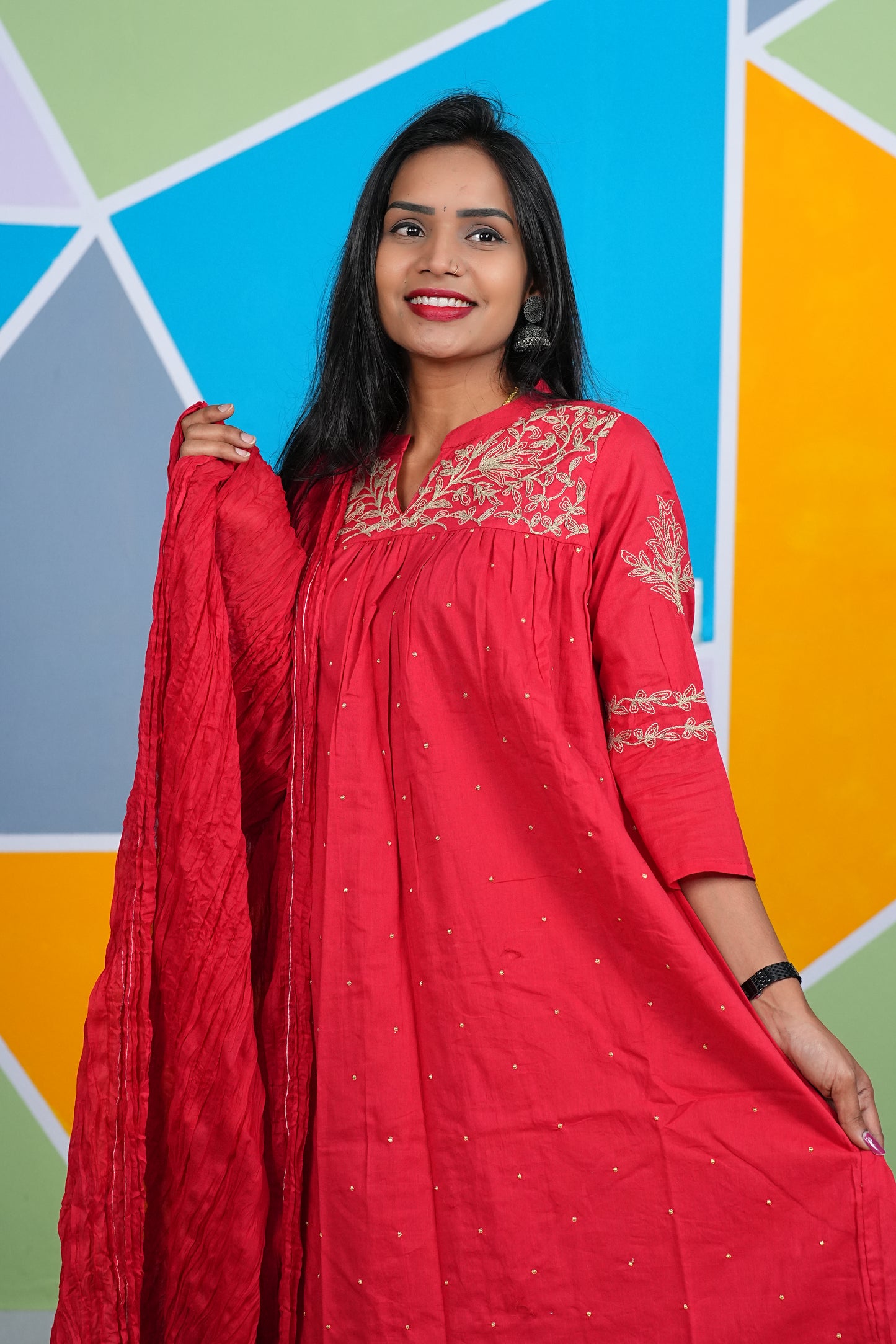 Red Color Office Wear 3 Piece Set With Complete Lining