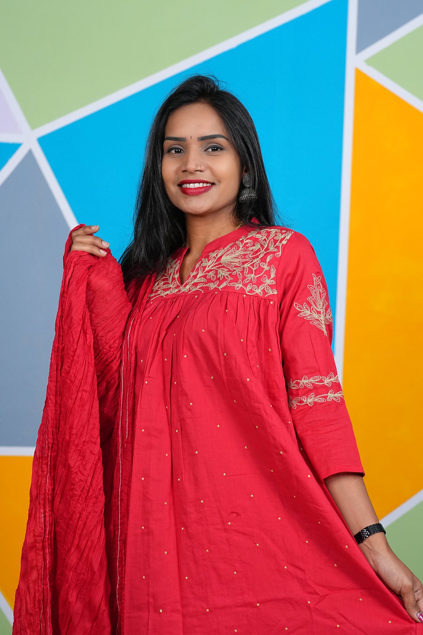 Red Color Office Wear 3 Piece Set With Complete Lining