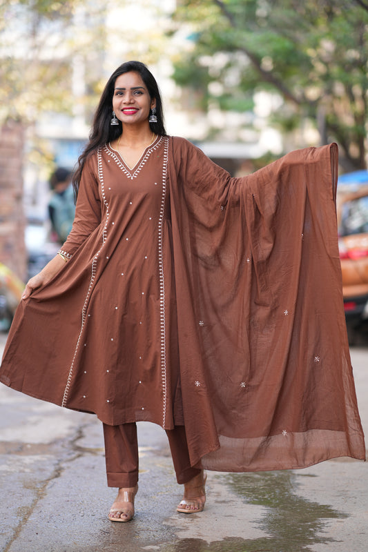Brown Color 92.5 Jaipur Cotton 3 Piece Set with thread Embroidery