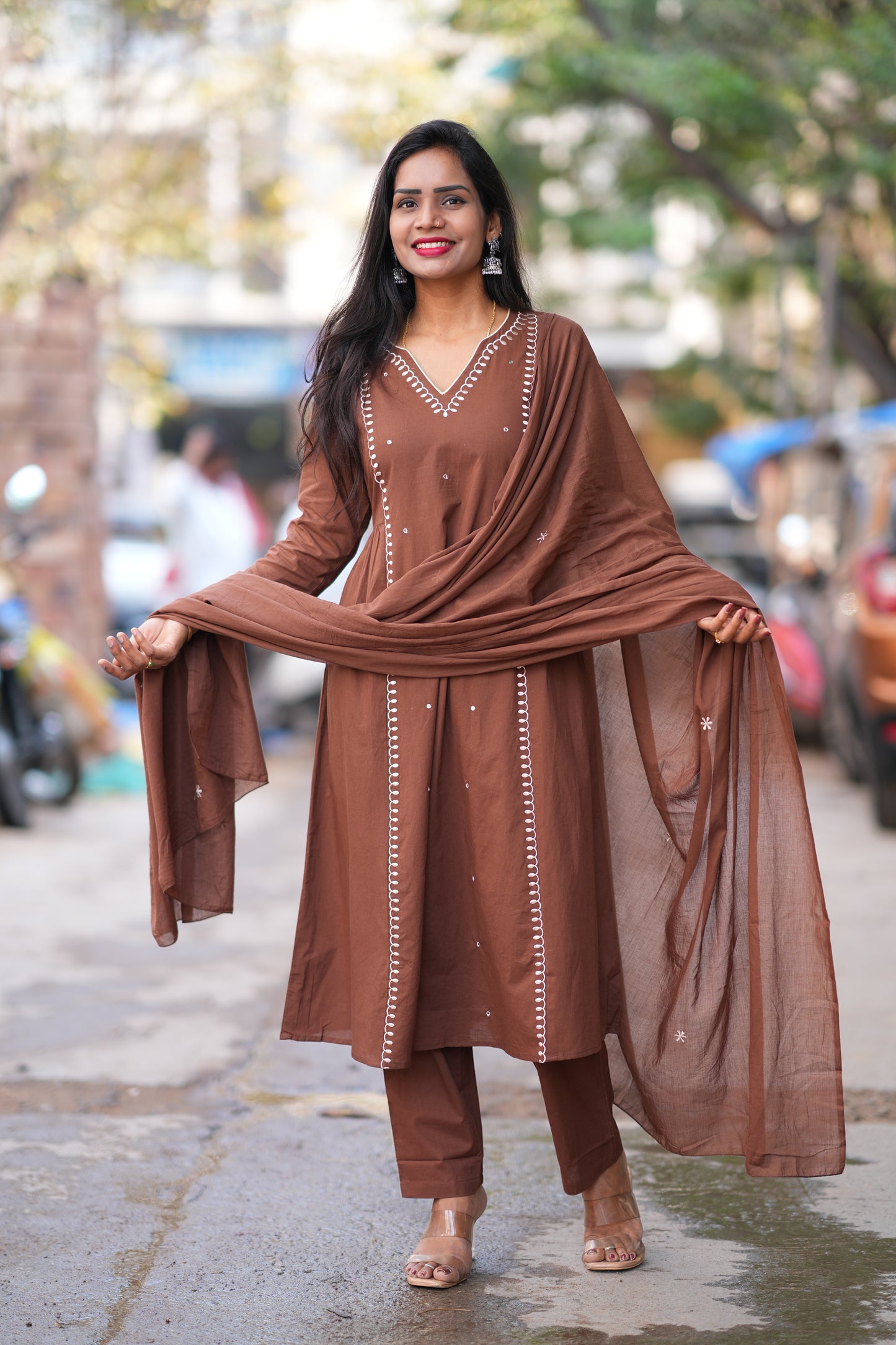 Brown Color 92.5 Jaipur Cotton 3 Piece Set with thread Embroidery