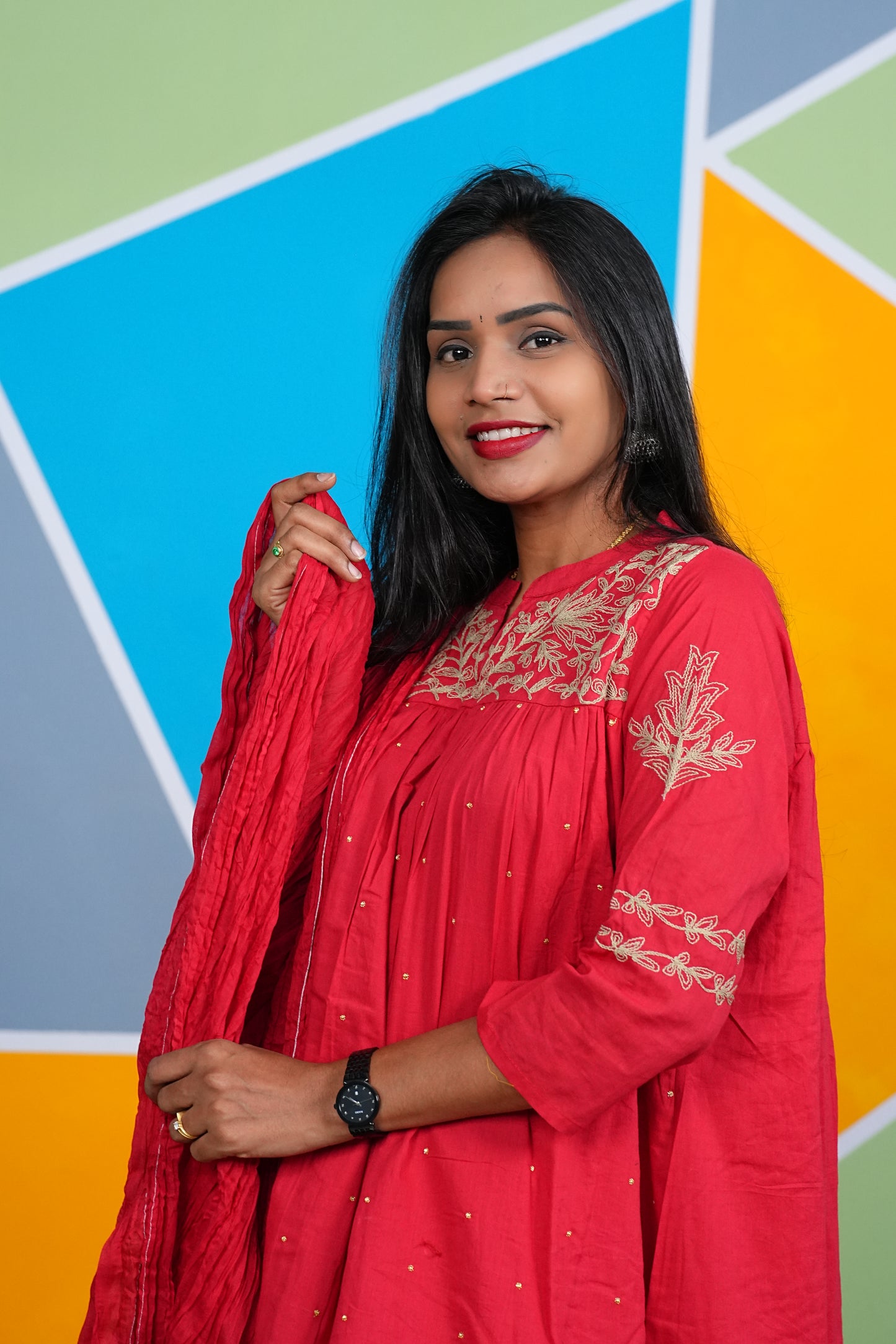 Red Color Office Wear 3 Piece Set With Complete Lining