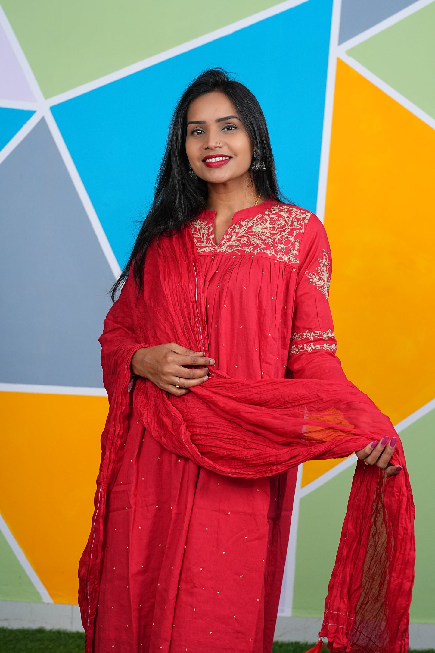 Red Color Office Wear 3 Piece Set With Complete Lining