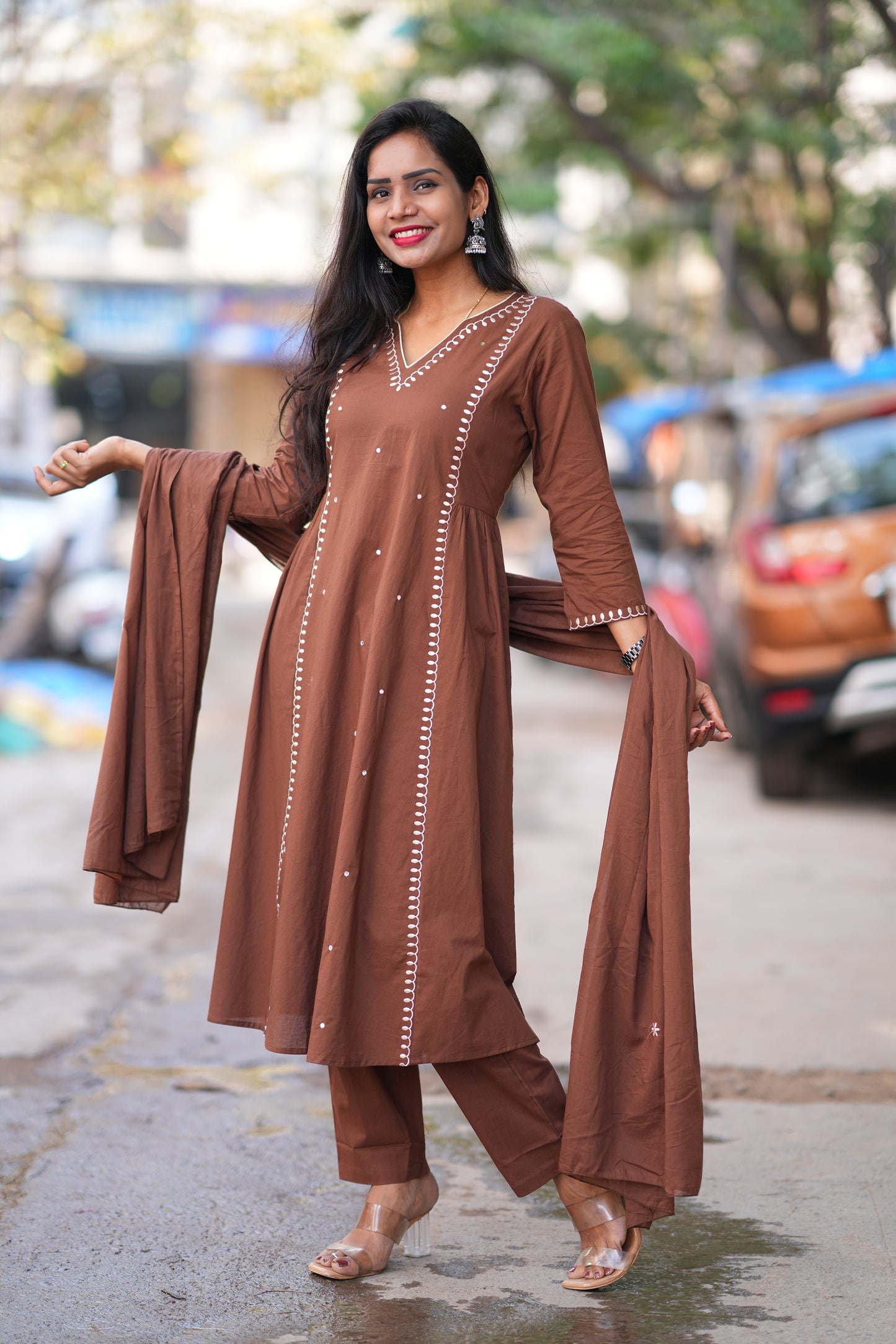 Brown Color 92.5 Jaipur Cotton 3 Piece Set with thread Embroidery