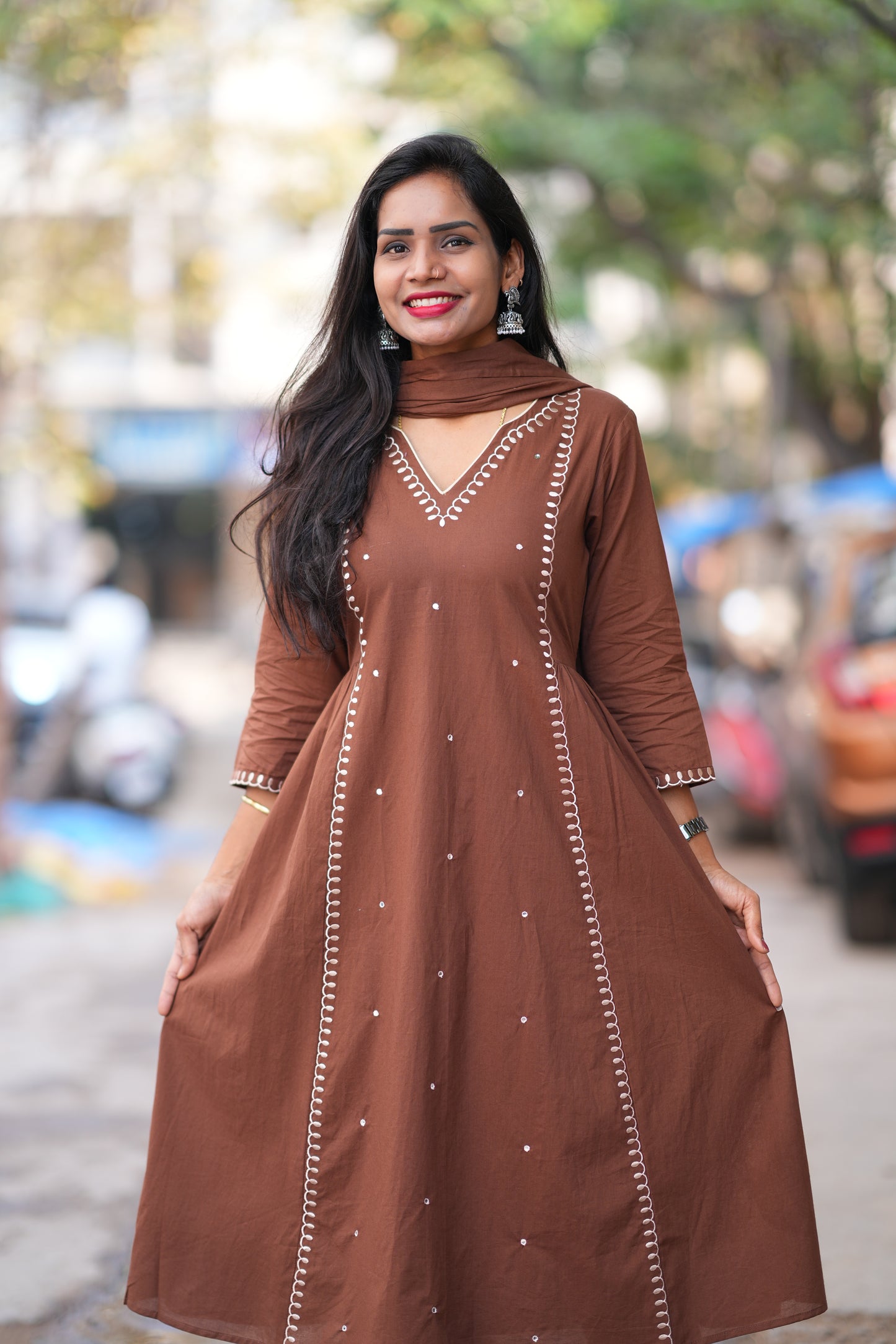 Brown Color 92.5 Jaipur Cotton 3 Piece Set with thread Embroidery
