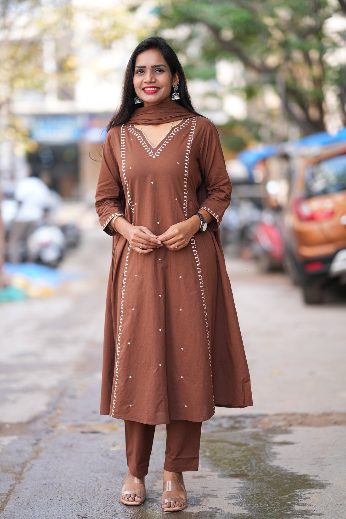 Brown Color 92.5 Jaipur Cotton 3 Piece Set with thread Embroidery