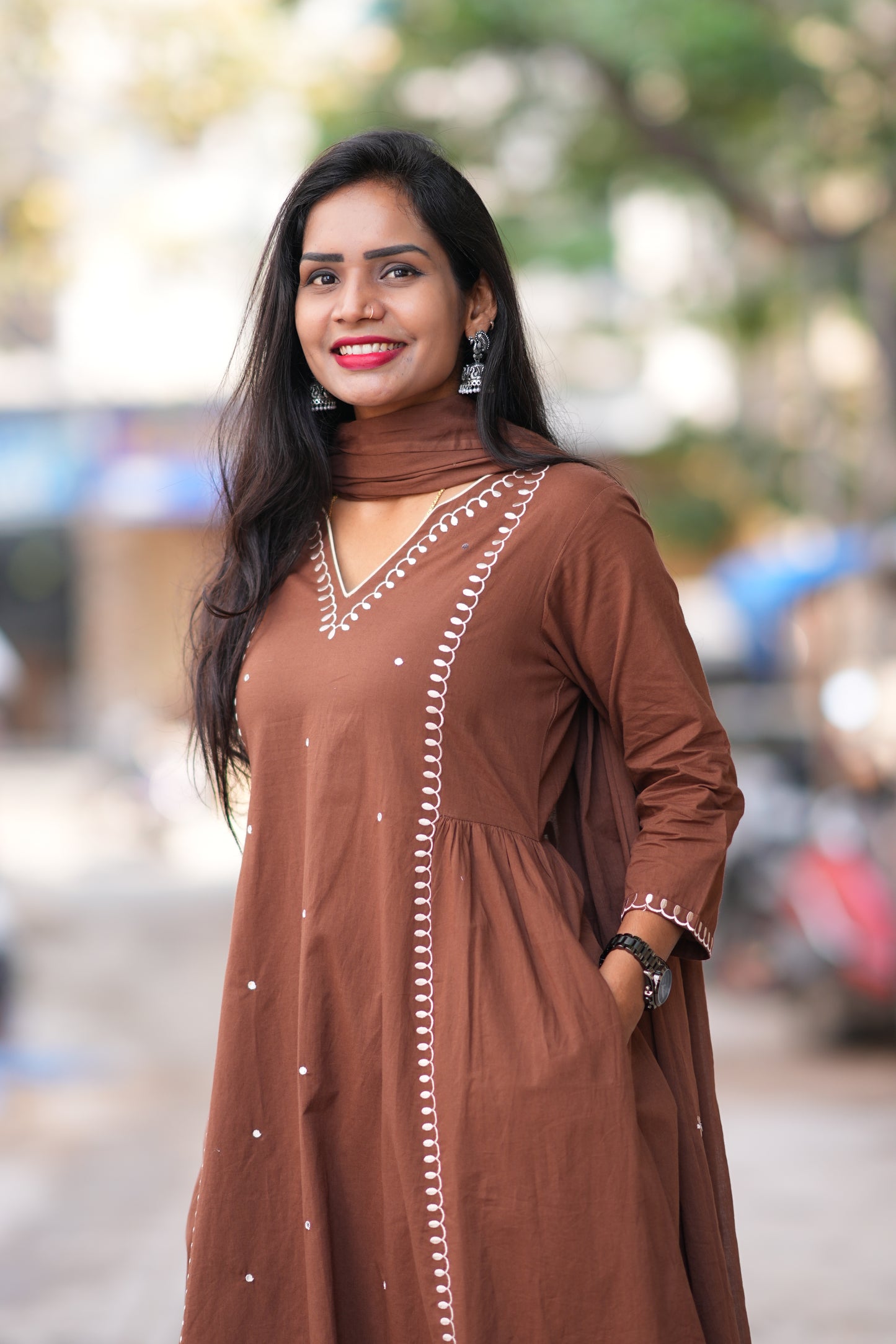 Brown Color 92.5 Jaipur Cotton 3 Piece Set with thread Embroidery
