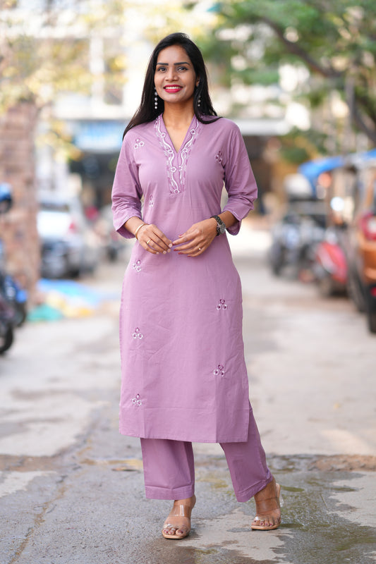 Light Purple Color 92.5 Jaipur Cotton Office Wear Cordset with Embriodary Work