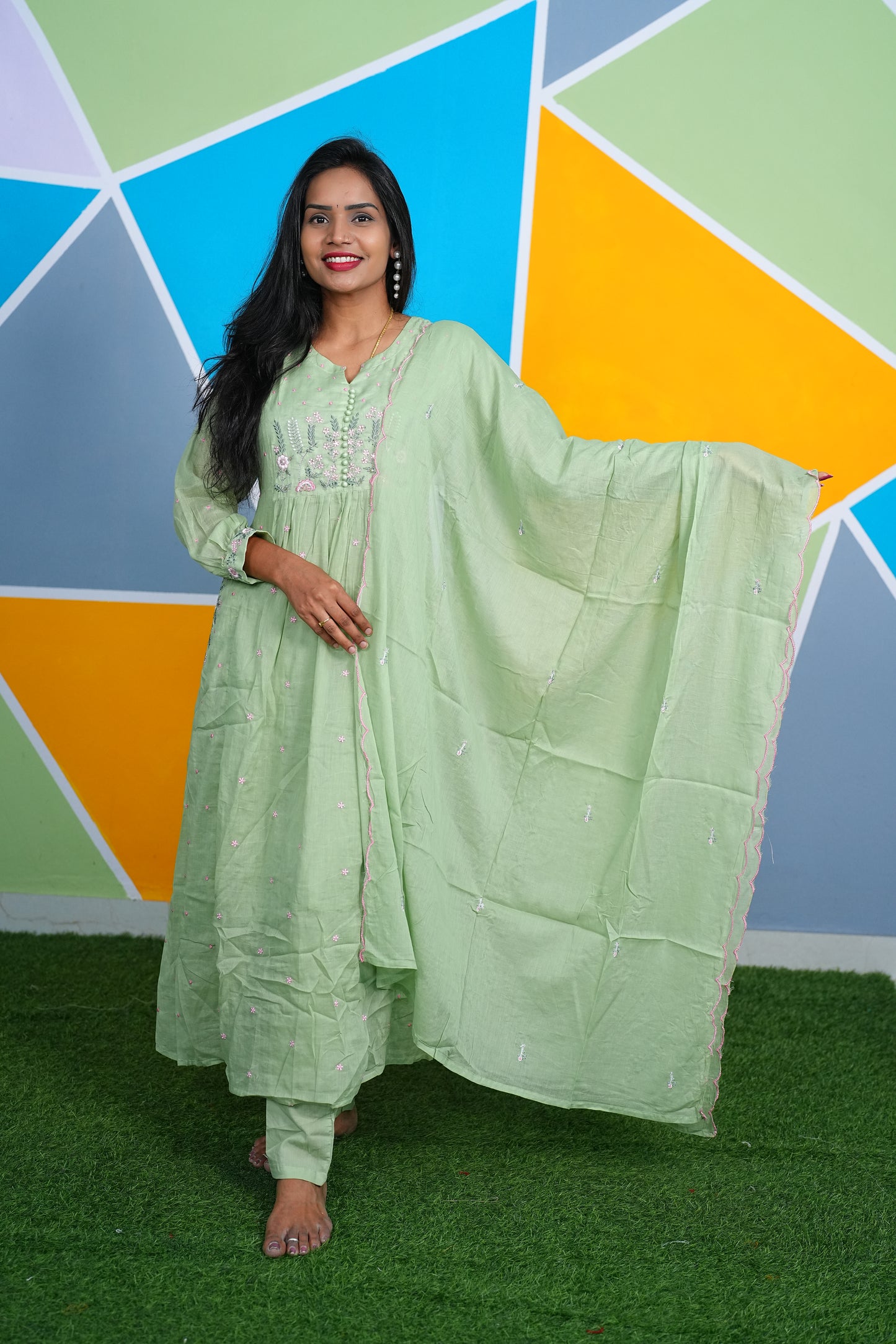 Pure Mulmul Cotton Pista Green Dress With Thread Embroidery Work and Complete Lining