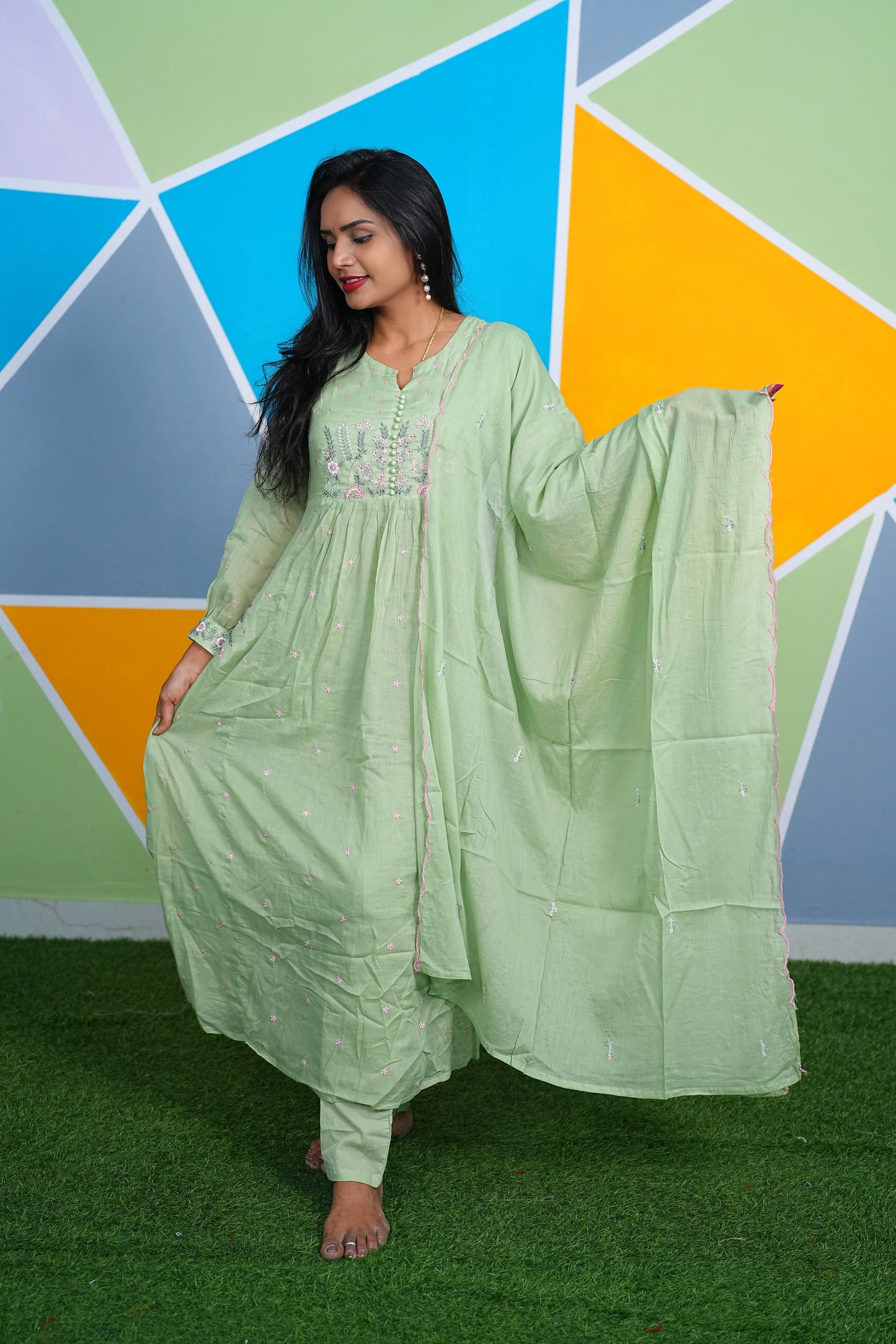 Pure Mulmul Cotton Pista Green Dress With Thread Embroidery Work and Complete Lining