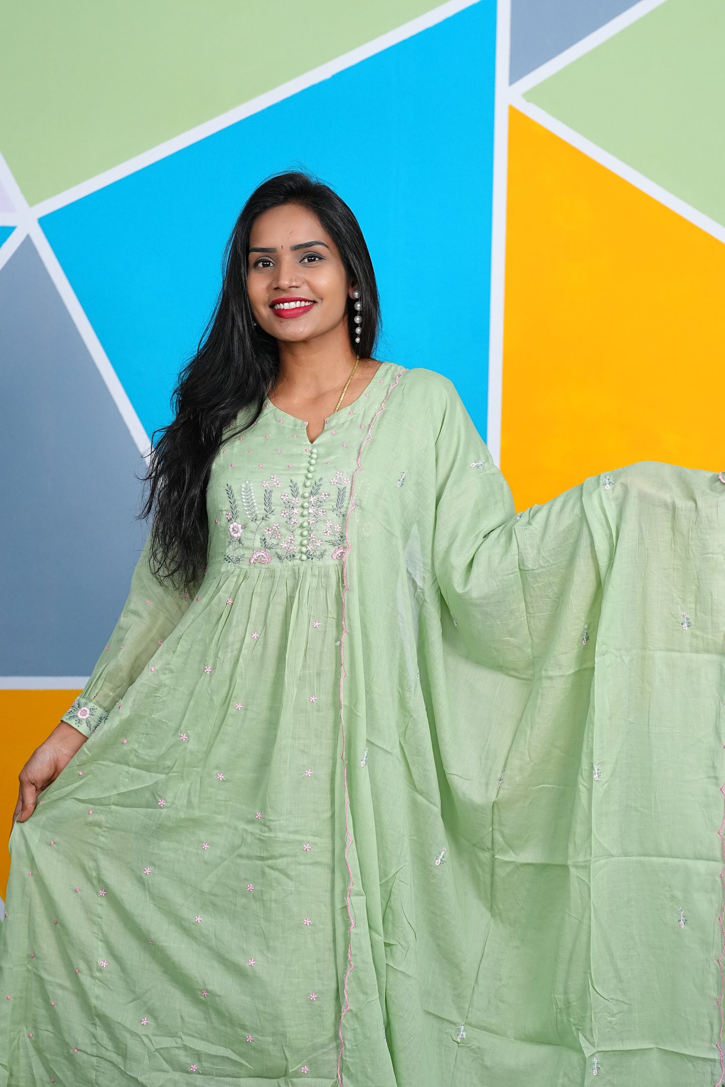 Pure Mulmul Cotton Pista Green Dress With Thread Embroidery Work and Complete Lining