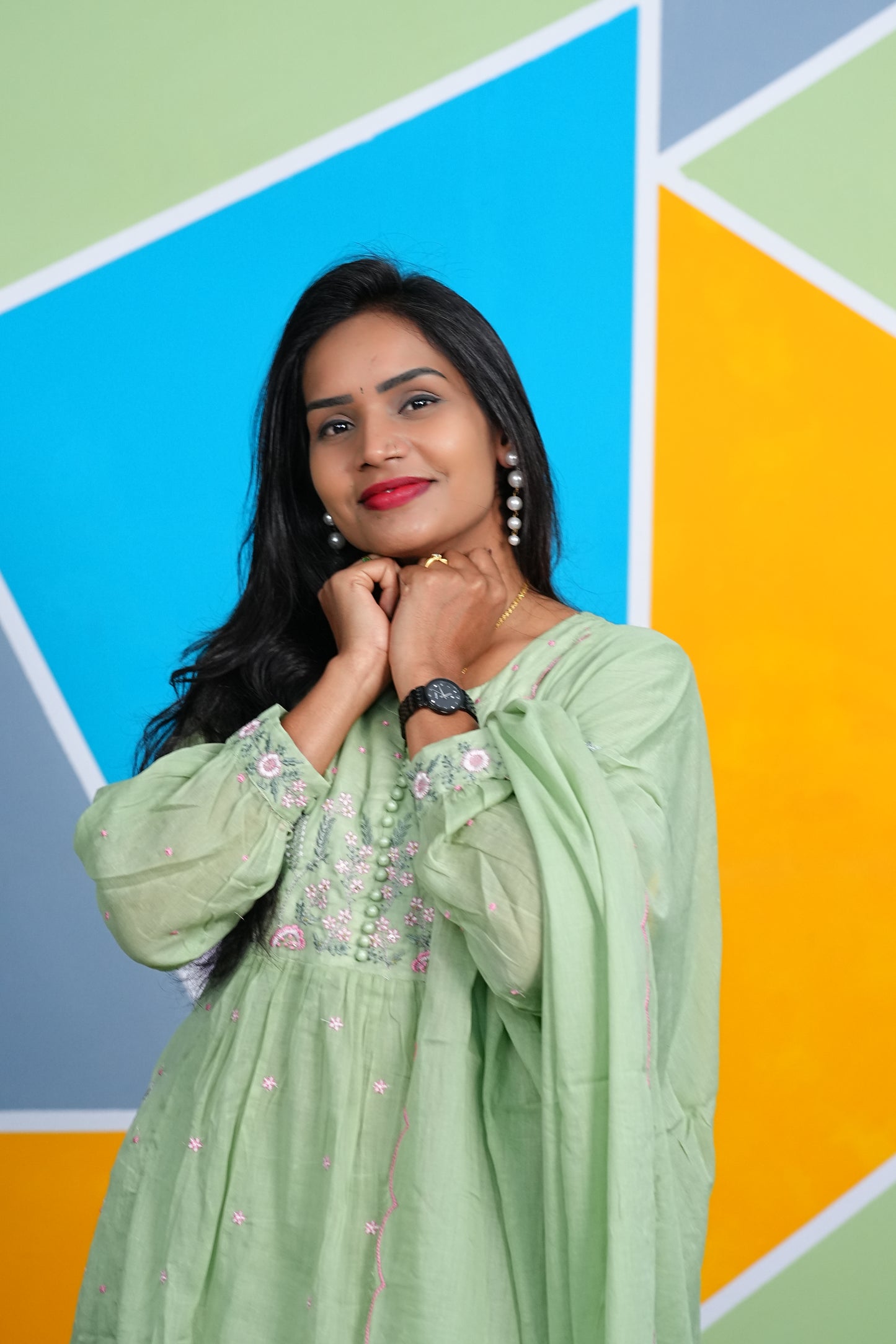 Pure Mulmul Cotton Pista Green Dress With Thread Embroidery Work and Complete Lining