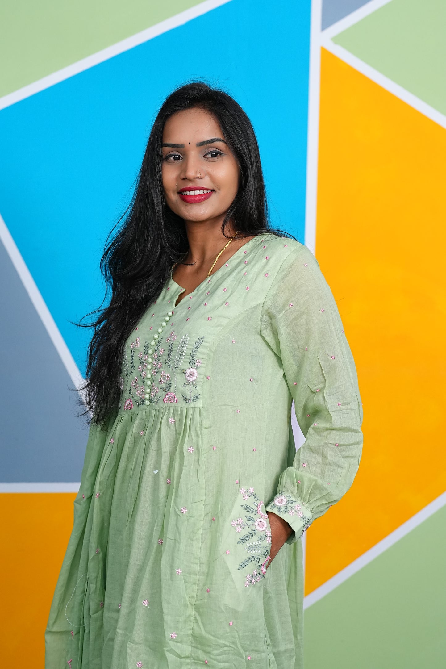 Pure Mulmul Cotton Pista Green Dress With Thread Embroidery Work and Complete Lining