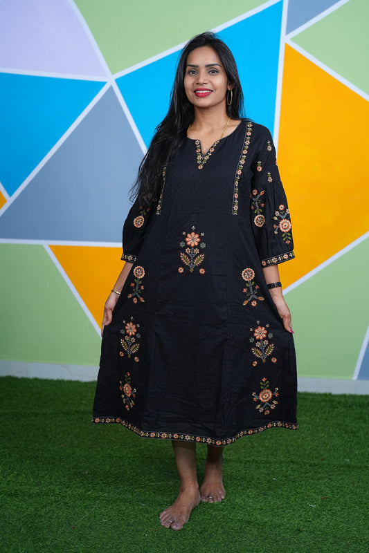 Black Color Party Wear Maxi With Thread Embriodary work and Complete Lining