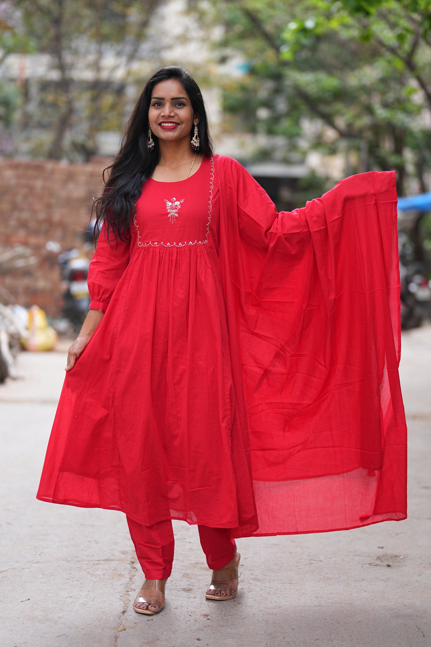 Red Color Mul Cotton 3 Piece Set with Maggam Work