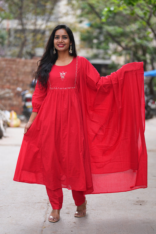 Red Color Mul Cotton 3 Piece Set with Maggam Work