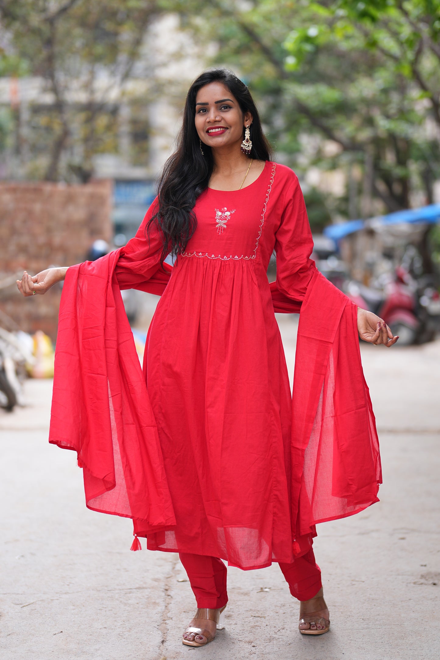 Red Color Mul Cotton 3 Piece Set with Maggam Work