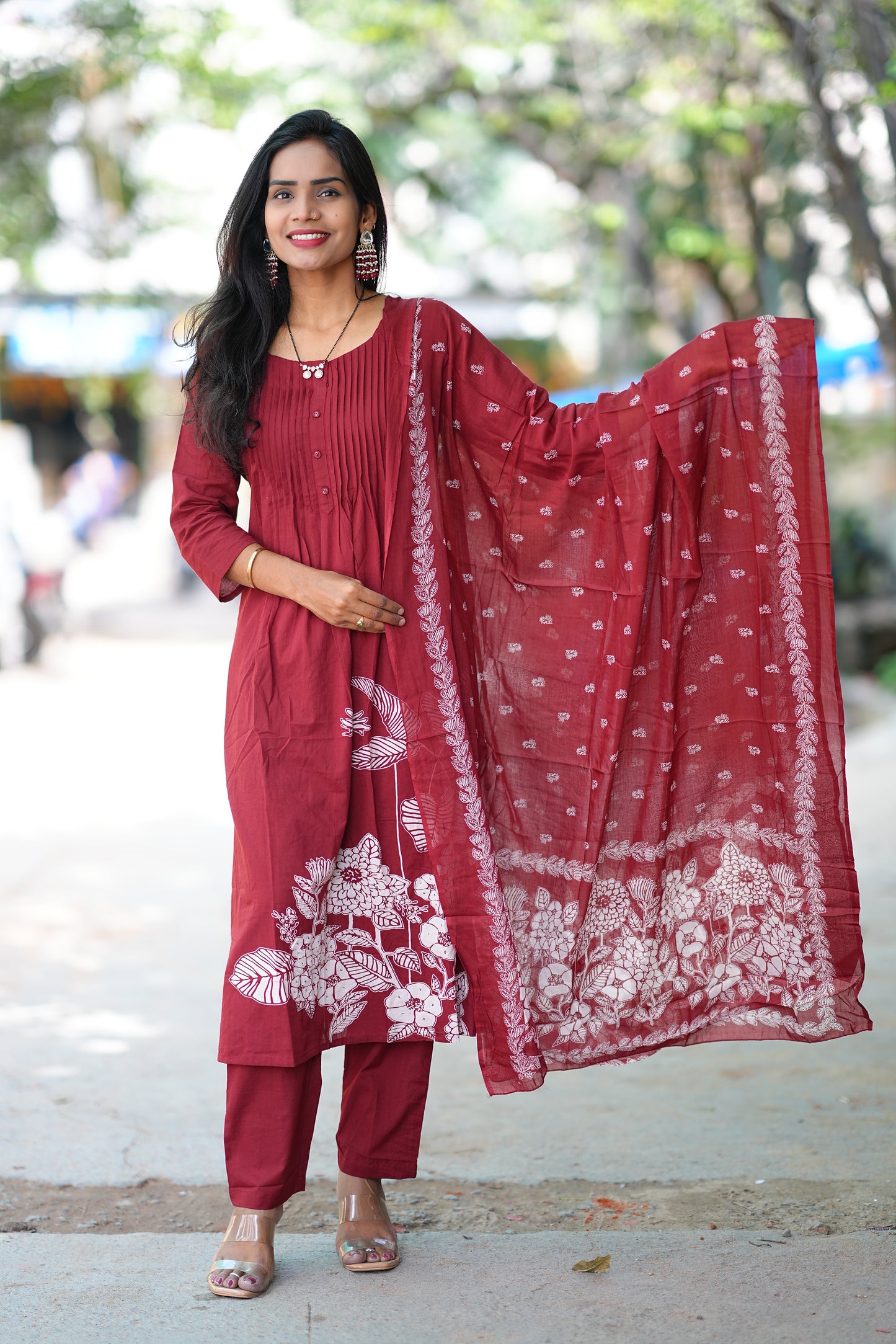Maroon Color Jaipur Cotton A Line 3 Piece Set