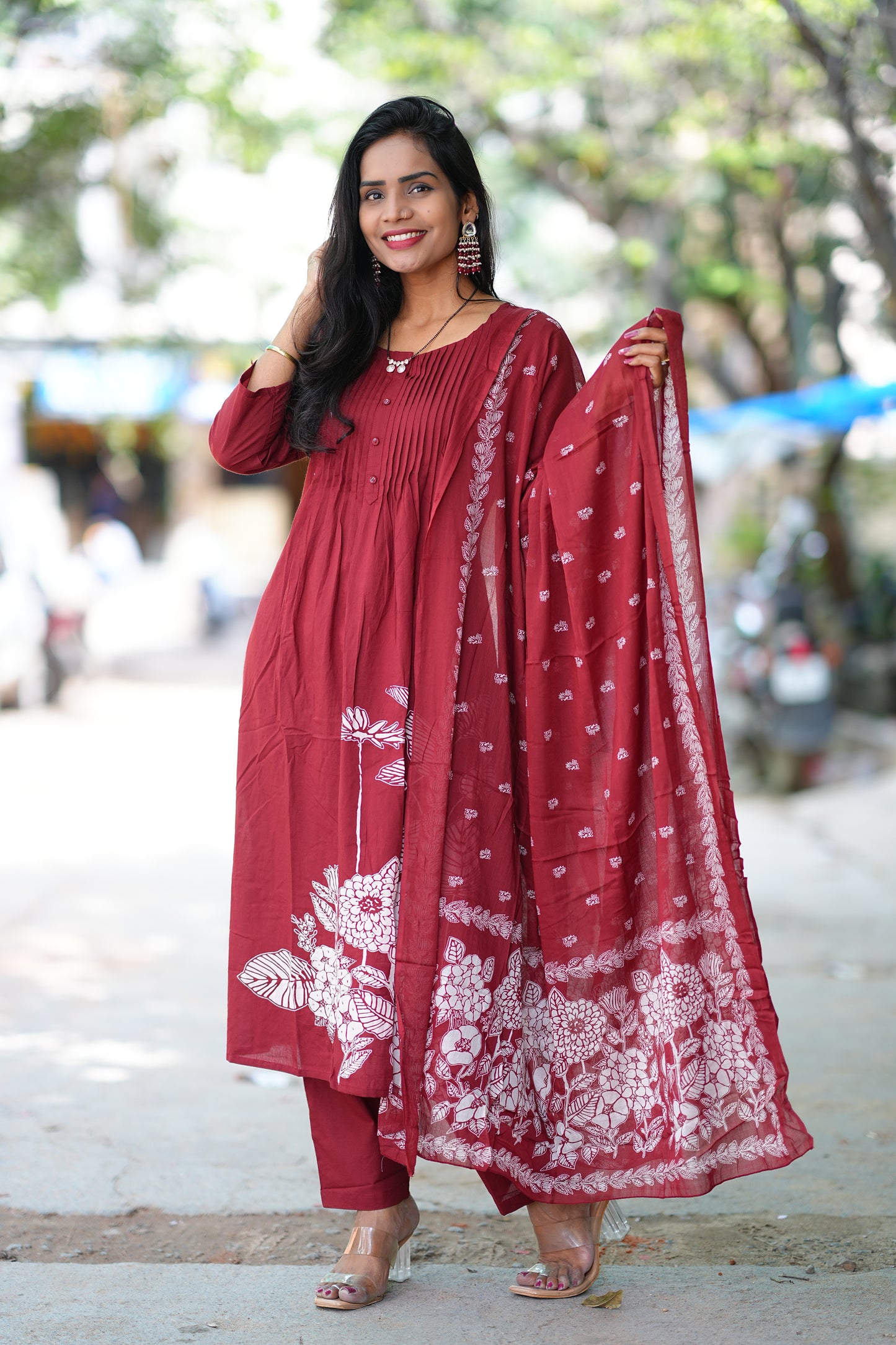 Maroon Color Jaipur Cotton A Line 3 Piece Set