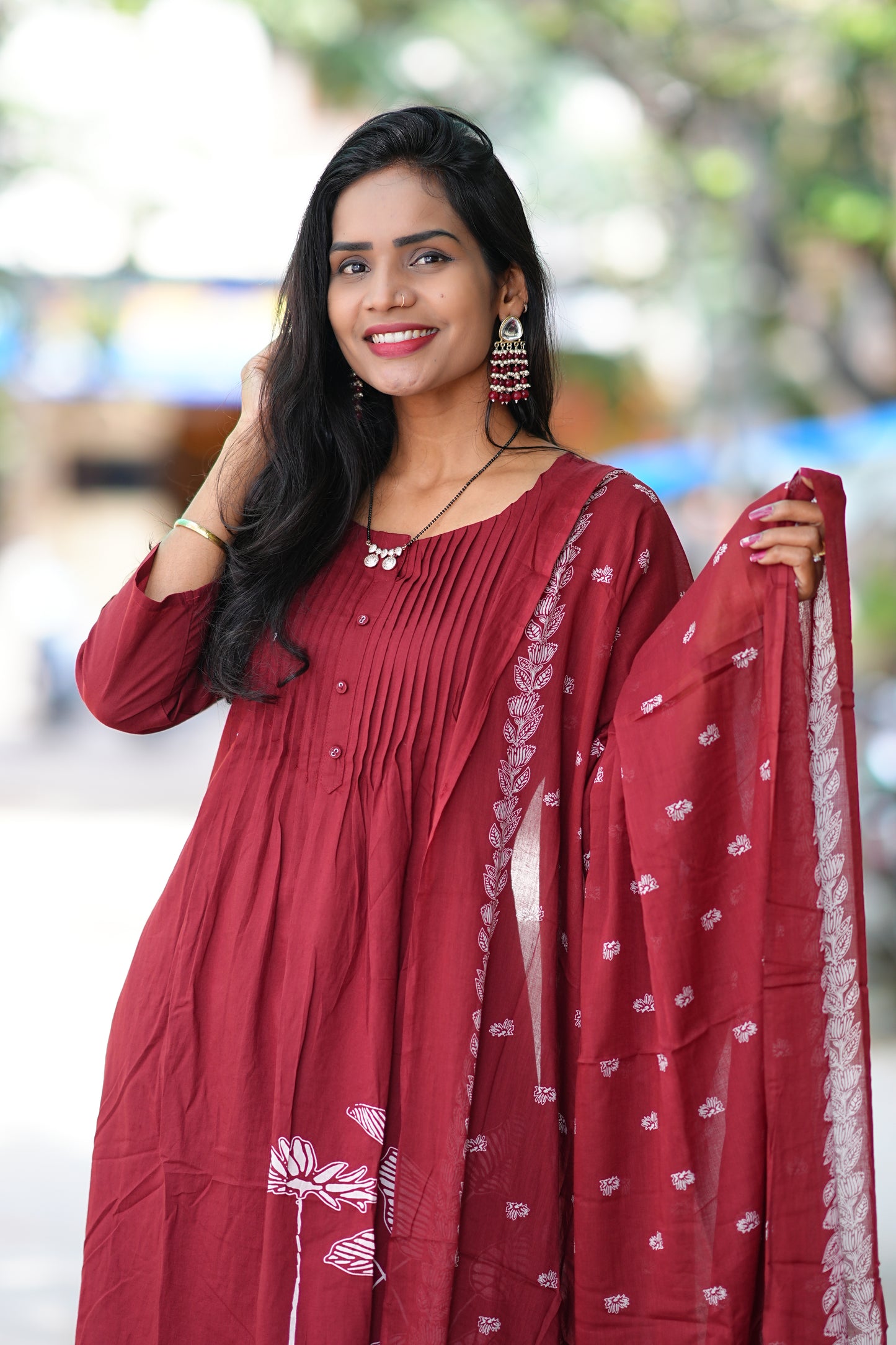 Maroon Color Jaipur Cotton A Line 3 Piece Set