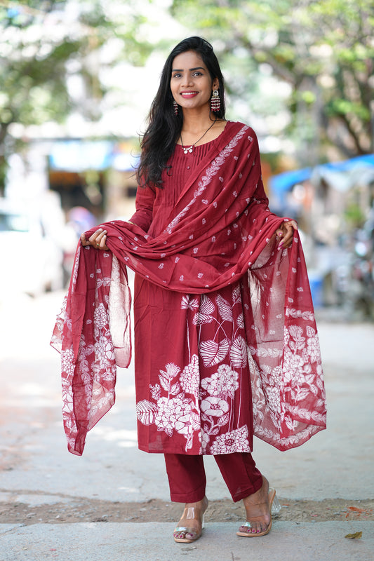 Maroon Color Jaipur Cotton A Line 3 Piece Set