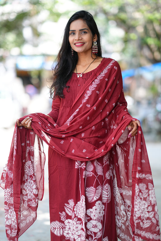 Maroon Color Jaipur Cotton A Line 3 Piece Set