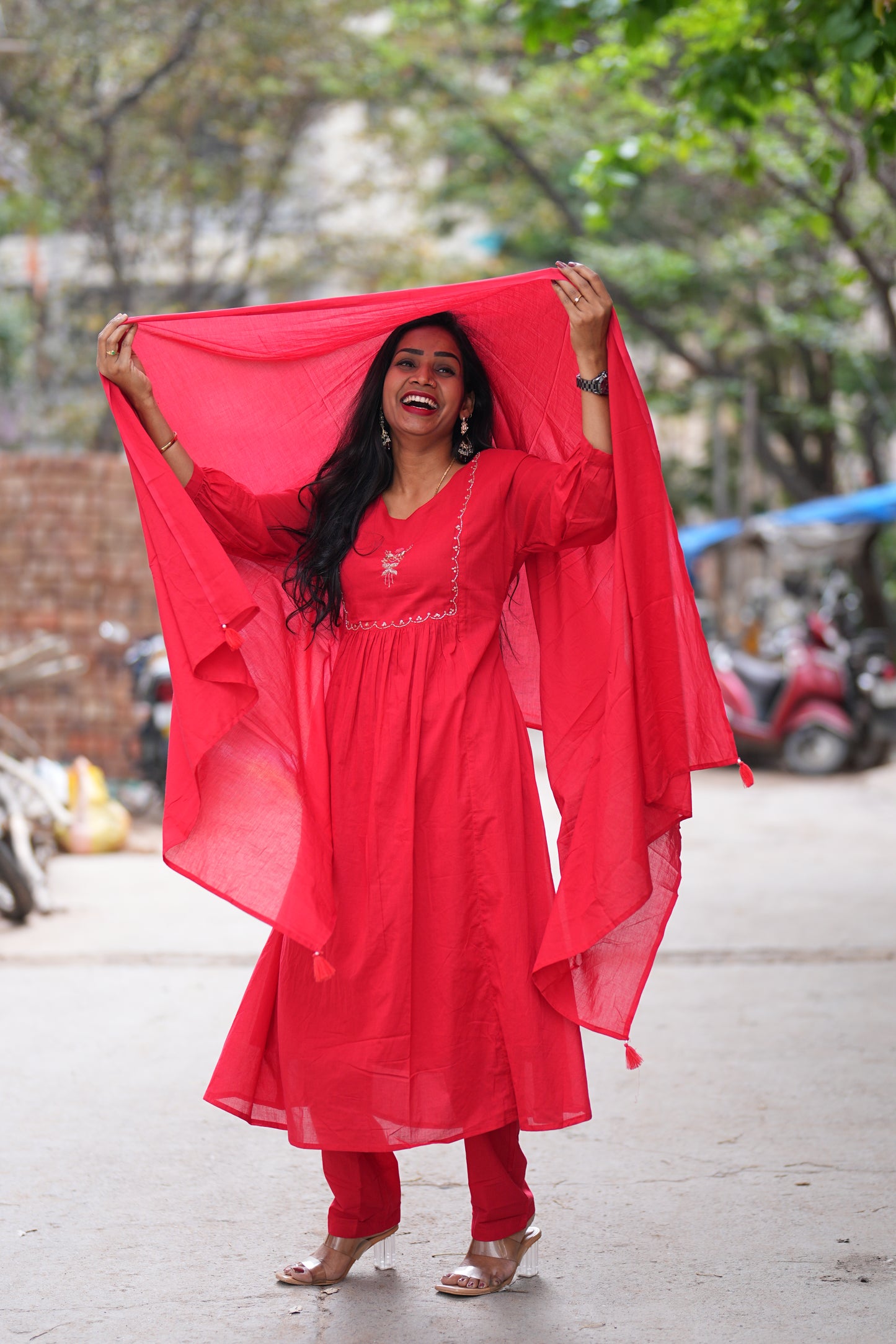 Red Color Mul Cotton 3 Piece Set with Maggam Work