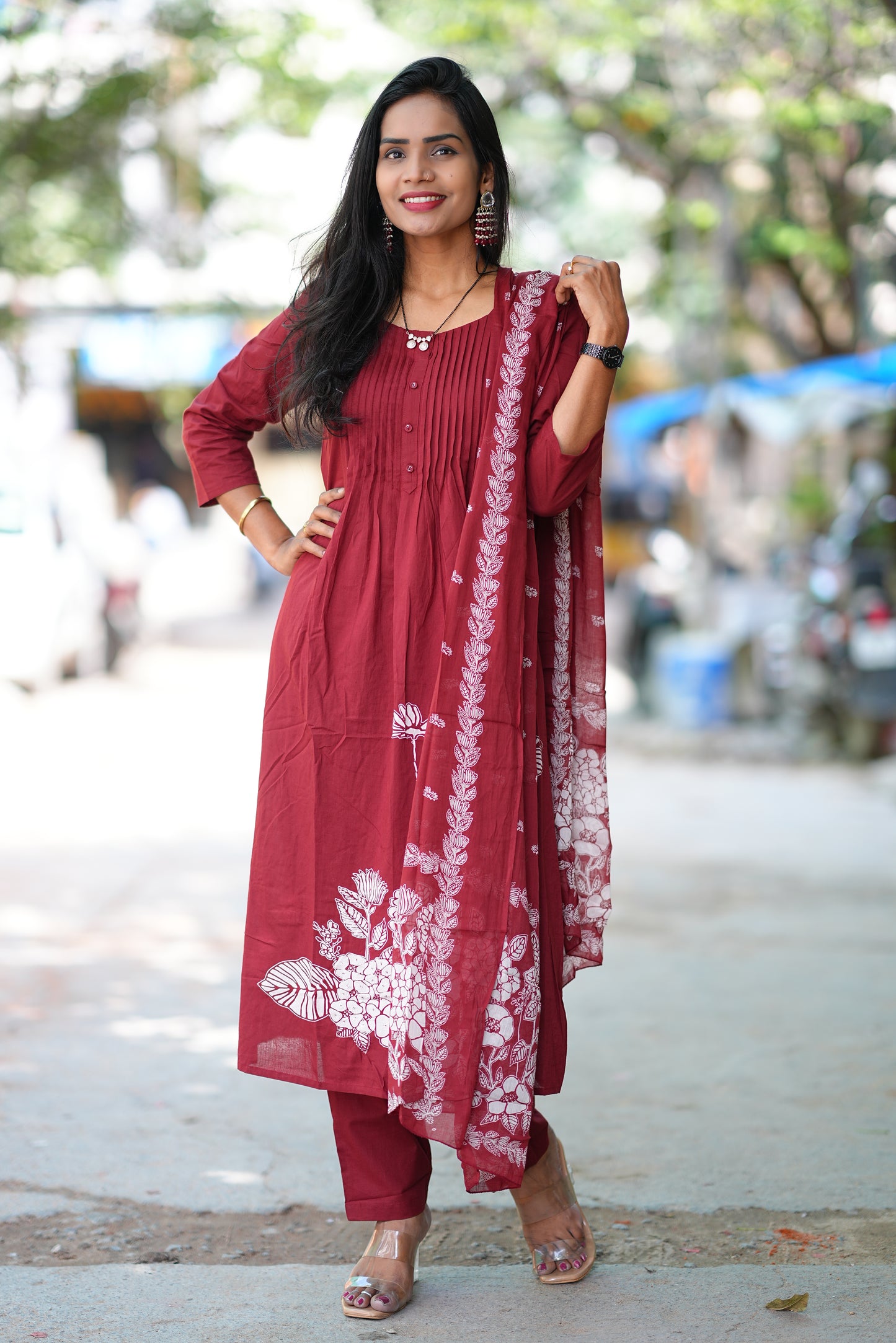 Maroon Color Jaipur Cotton A Line 3 Piece Set