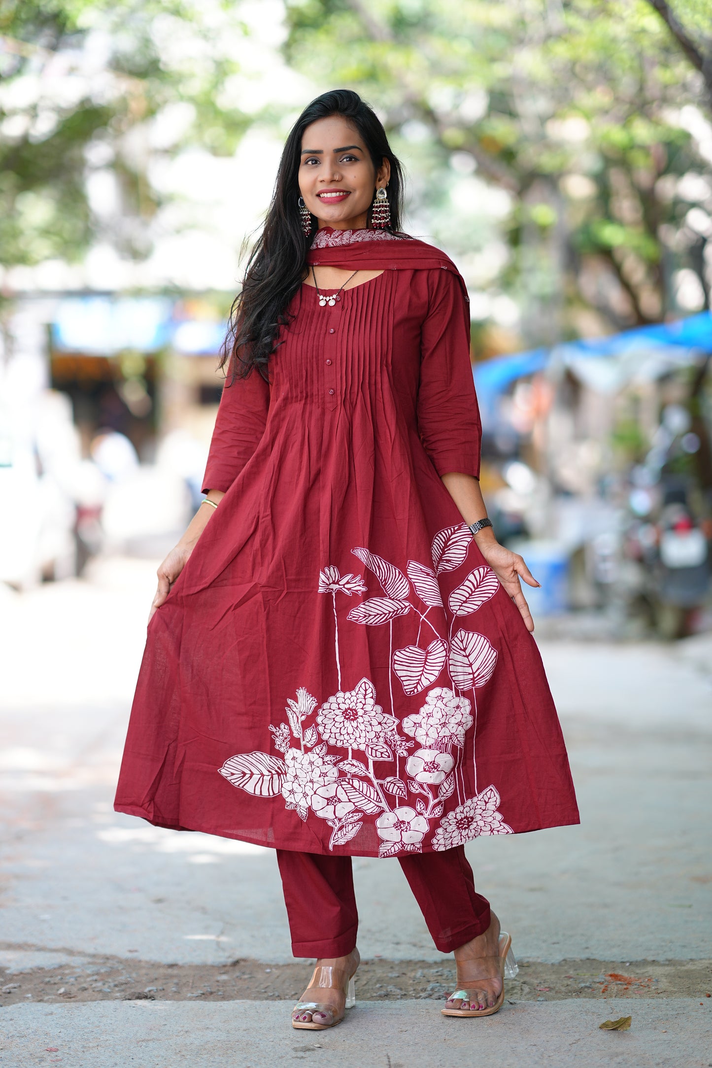 Maroon Color Jaipuri Cotton A Line 3 Piece Set