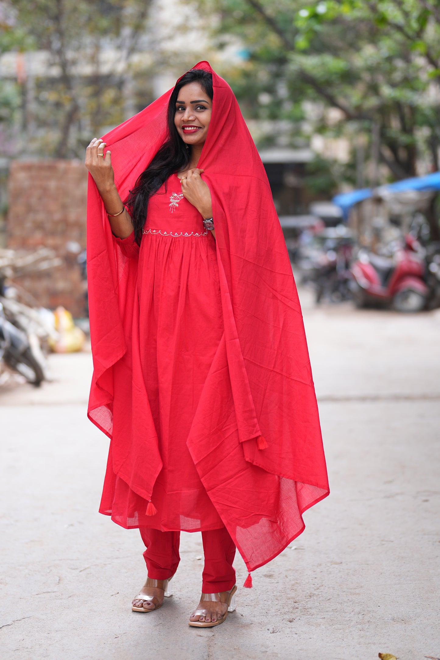 Red Color Mul Cotton 3 Piece Set with Maggam Work