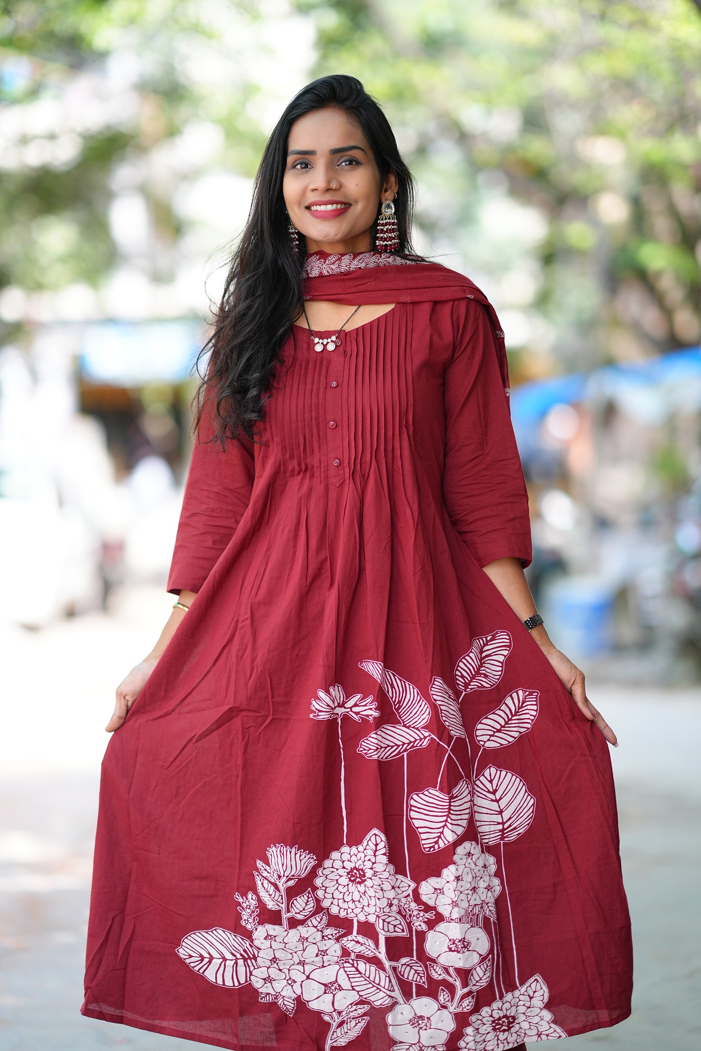 Dark Maroon Color Jaipur Cotton A Line 3 Piece Set