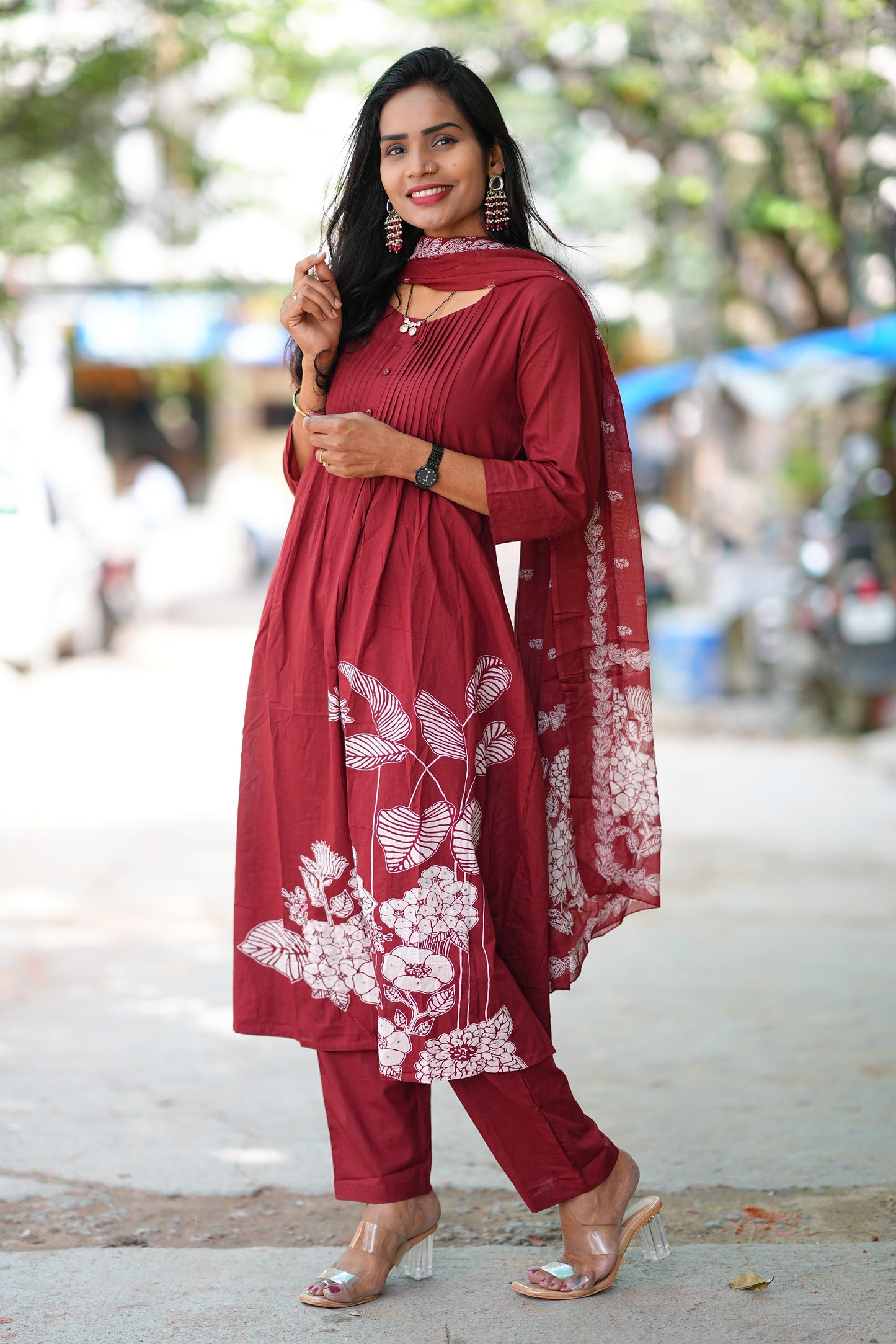 Maroon Color Jaipur Cotton A Line 3 Piece Set