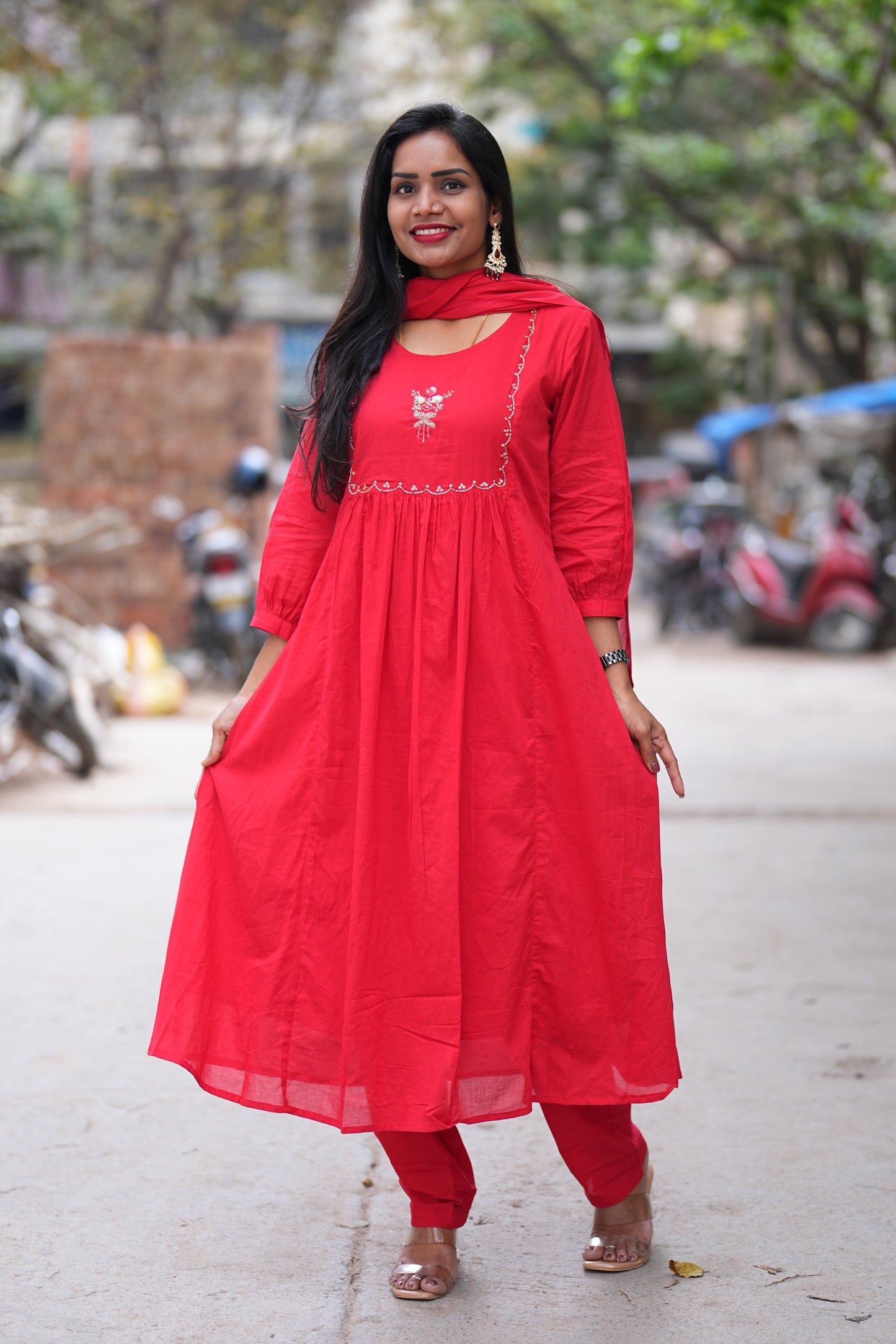 Red Color Mul Cotton 3 Piece Set with Maggam Work