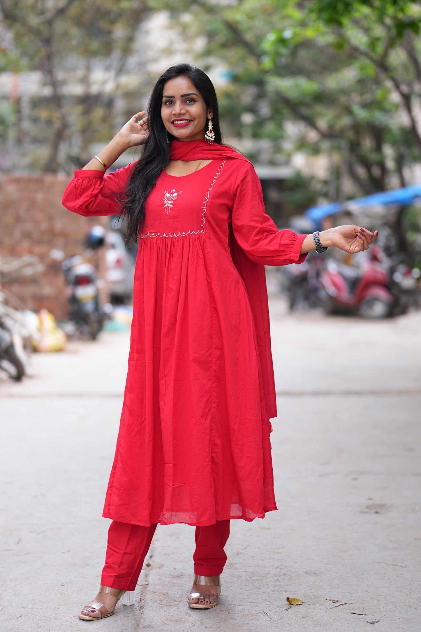 Red Color Mul Cotton 3 Piece Set with Maggam Work