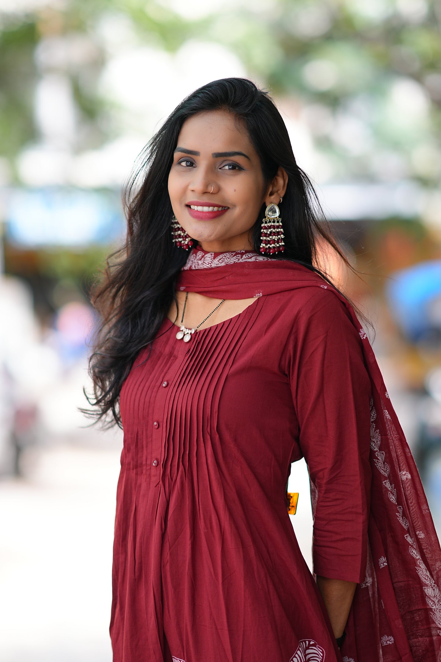 Maroon Color Jaipuri Cotton A Line 3 Piece Set